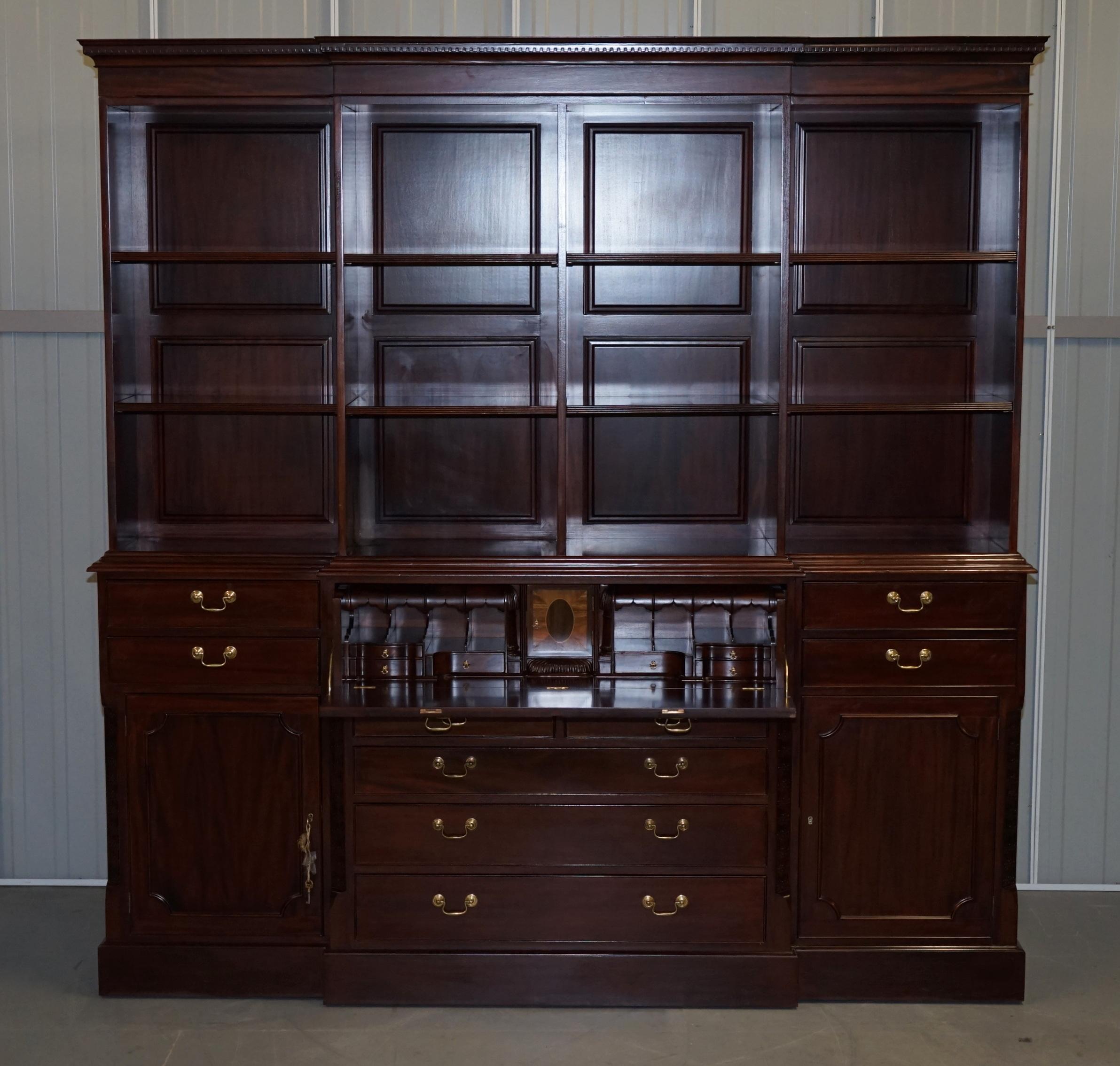 Large Panelled Hardwood Chippendale Style Library Bureau Bookcase with Drawers 11