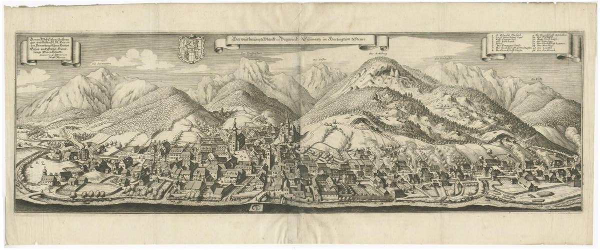 Large Panoramic View of Eisenerz, an Old Mining Town in Styria, Austria, c.1650