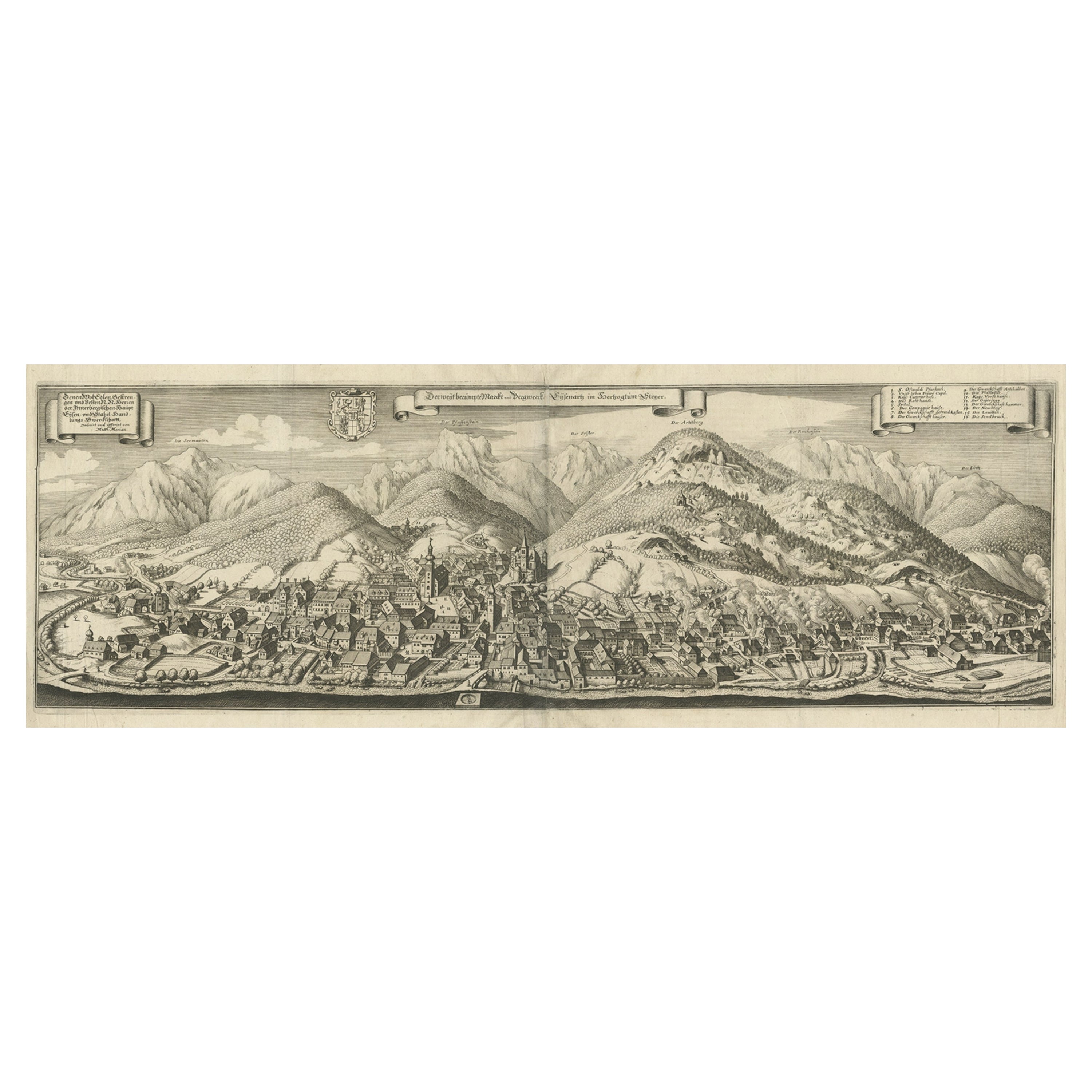 Grande vue Panoramique d'Eisenerz, une ancienne ville minière de Styria, Autriche, vers 1650