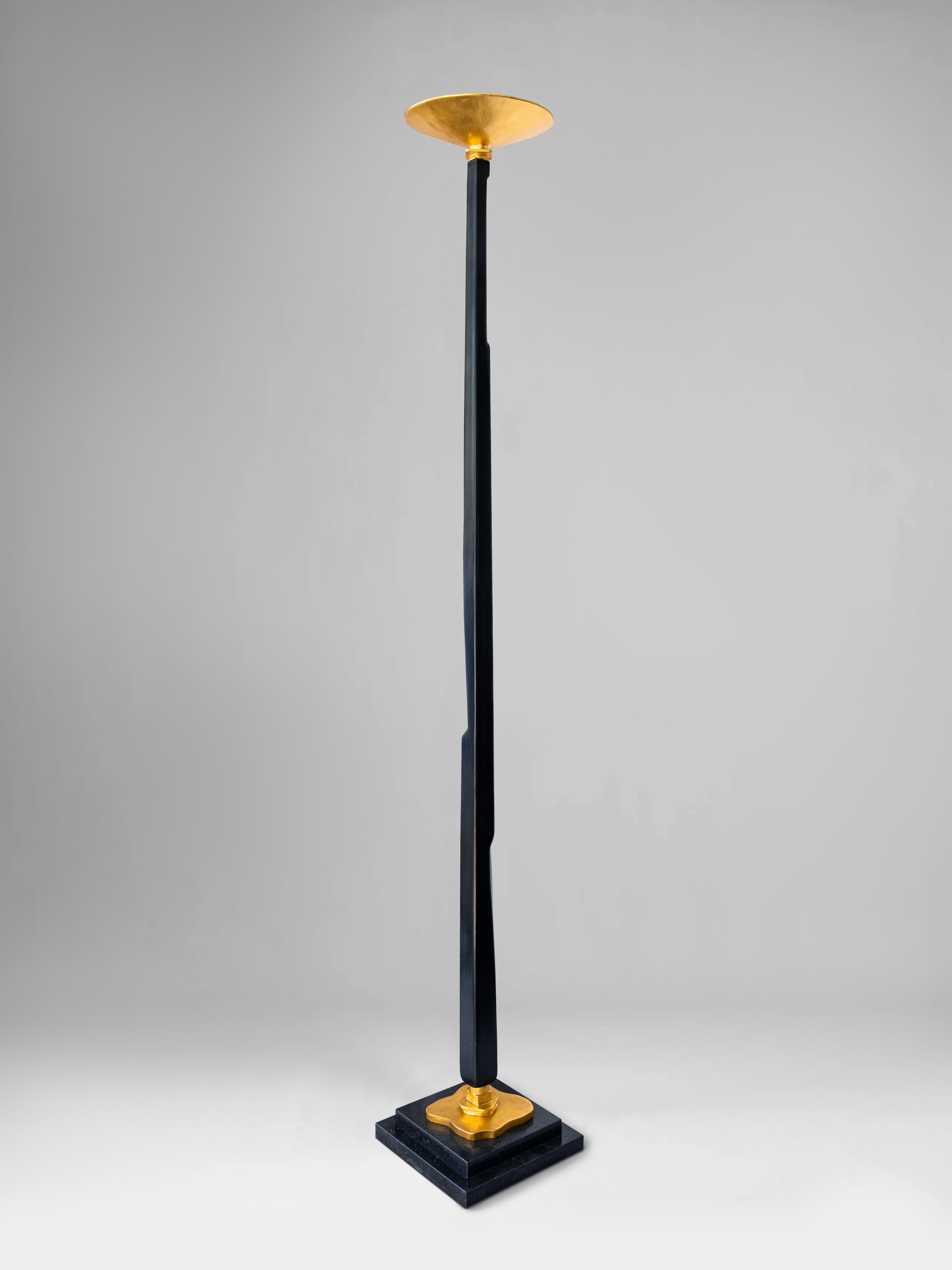 Mid-Century Modern Large Panteon Floor Lamp, Black Plaster Finish with 23K yellow Gold, Benediko For Sale