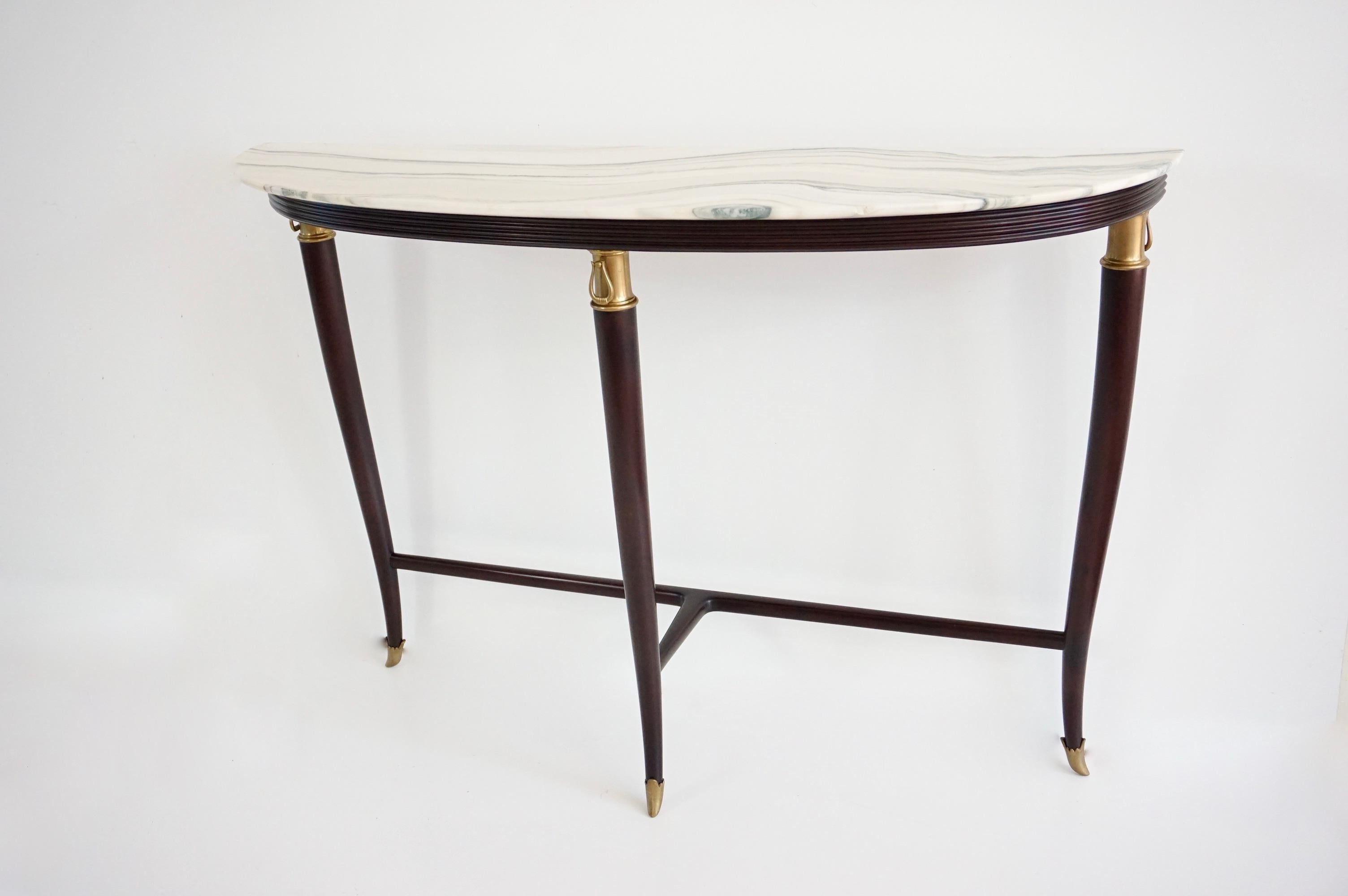 Mid-Century Modern large Paolo Buffa demi-lune console, marble top, bronze details, three feet 1940 For Sale