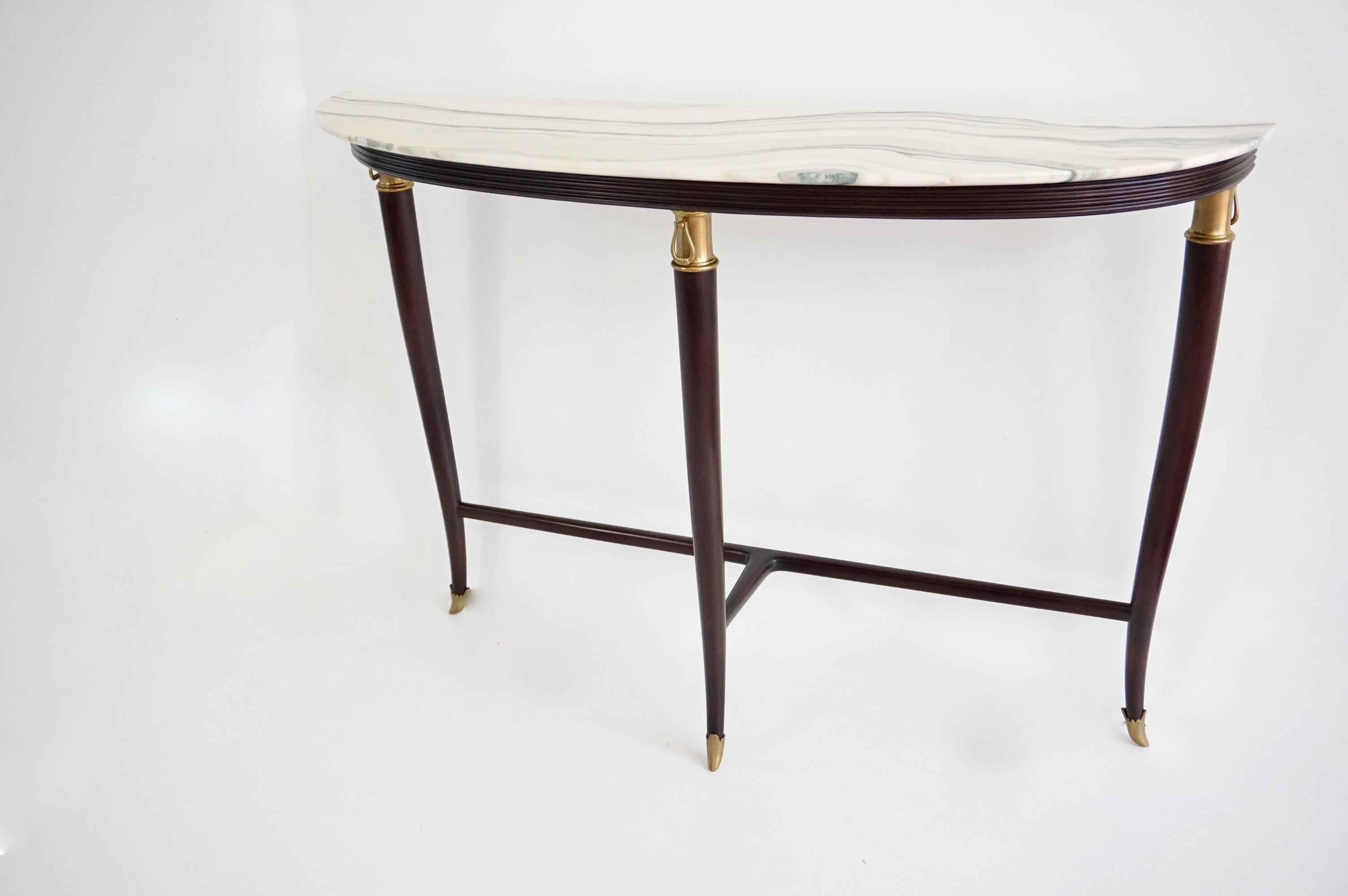 Italian large Paolo Buffa demi-lune console, marble top, bronze details, three feet 1940 For Sale