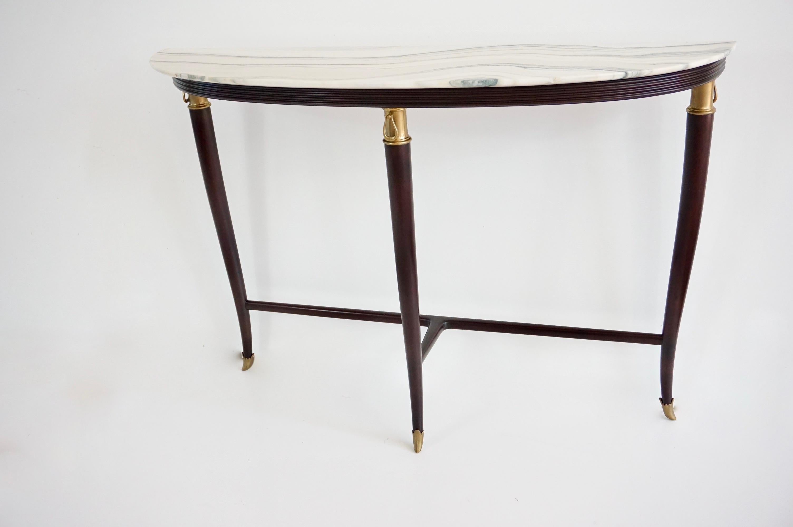 Ebonized large Paolo Buffa demi-lune console, marble top, bronze details, three feet 1940 For Sale