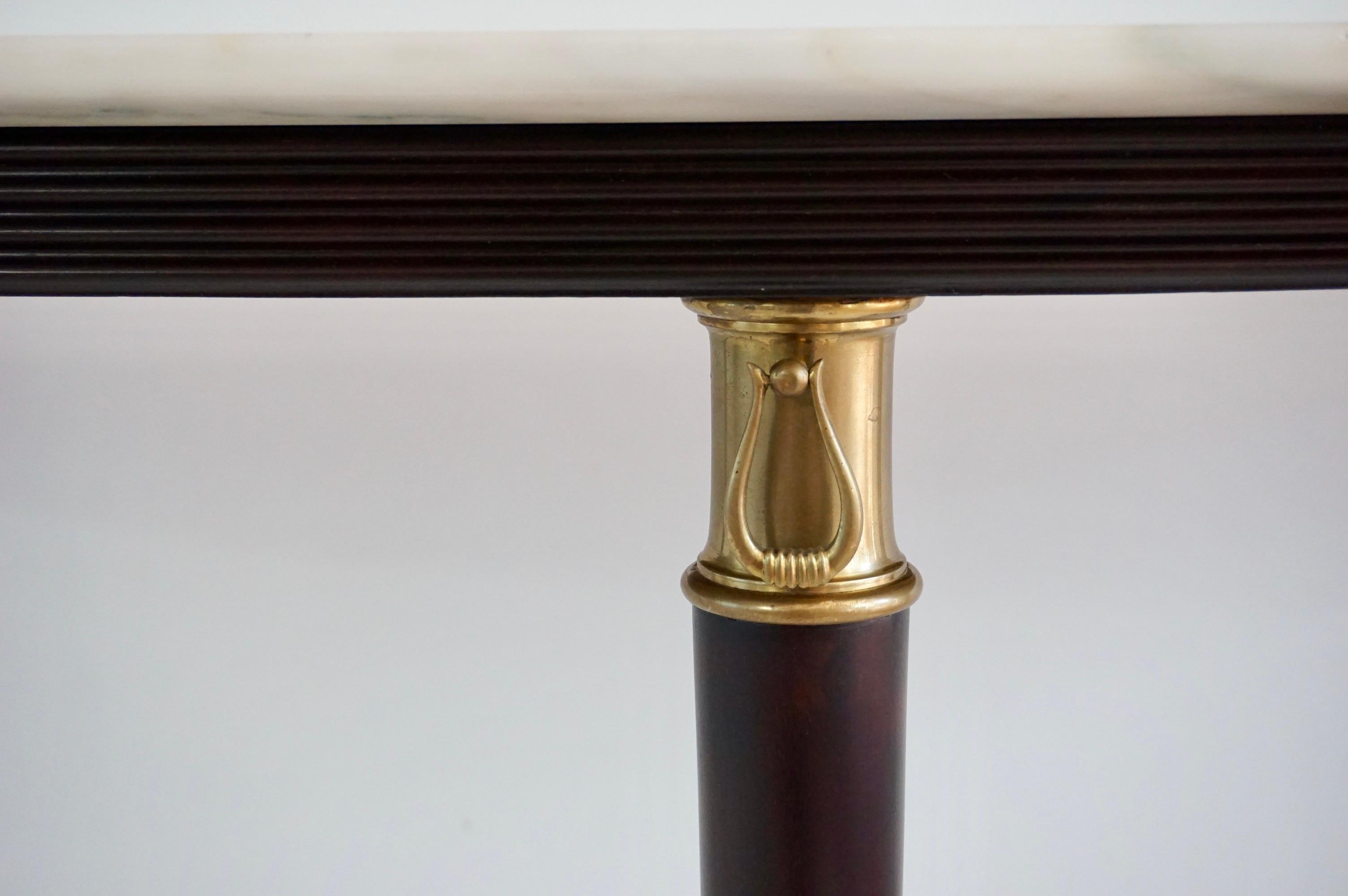 Bronze large Paolo Buffa demi-lune console, marble top, bronze details, three feet 1940 For Sale