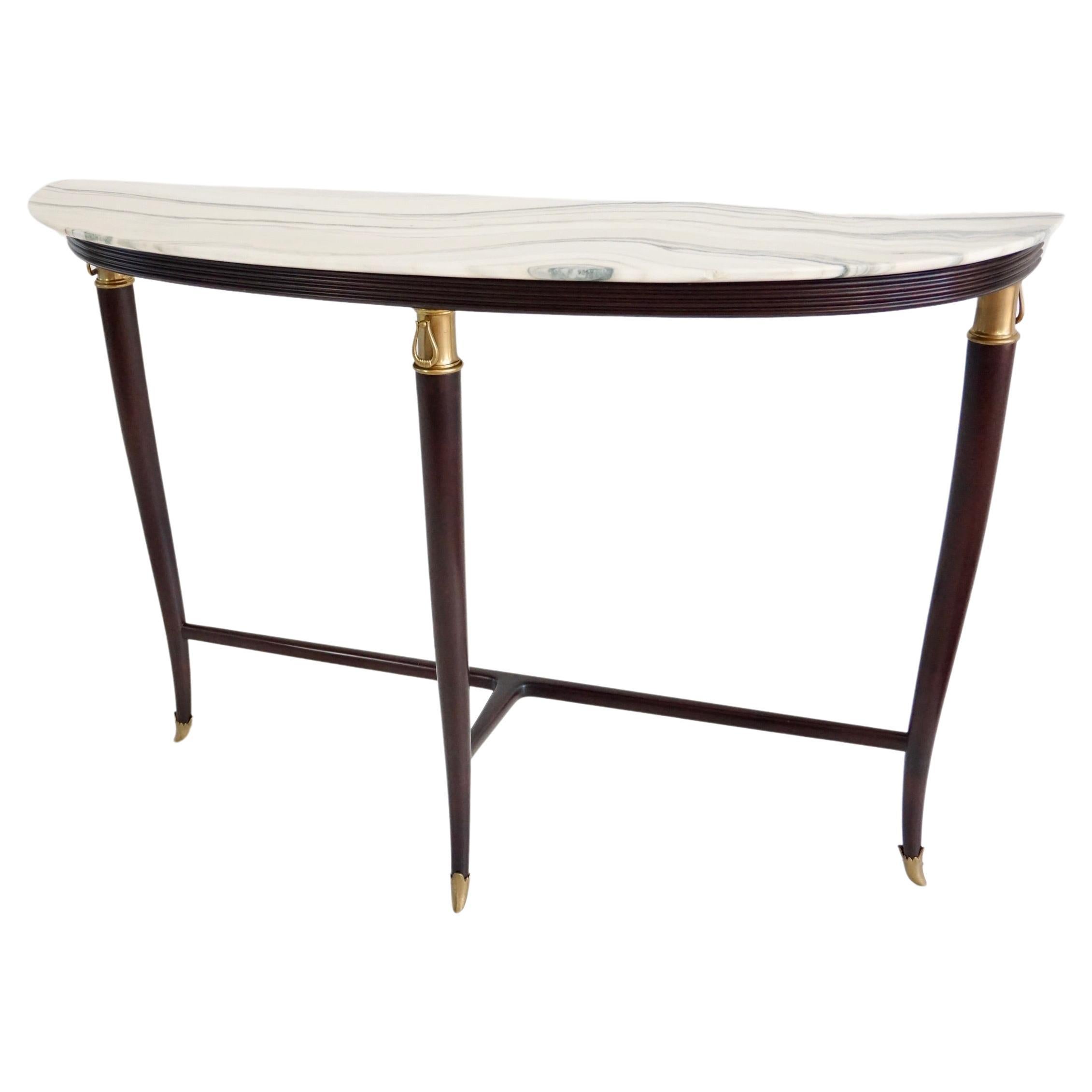 large Paolo Buffa demi-lune console, marble top, bronze details, three feet 1940