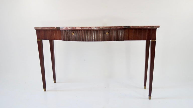 Mid-Century Modern Large Paolo Buffa Red Marble Breccia, Brass, Rosewood Console Table, 1950 For Sale
