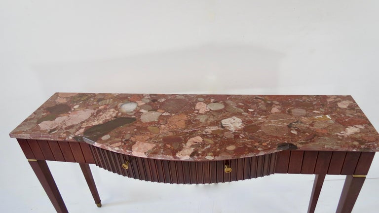 Italian Large Paolo Buffa Red Marble Breccia, Brass, Rosewood Console Table, 1950 For Sale