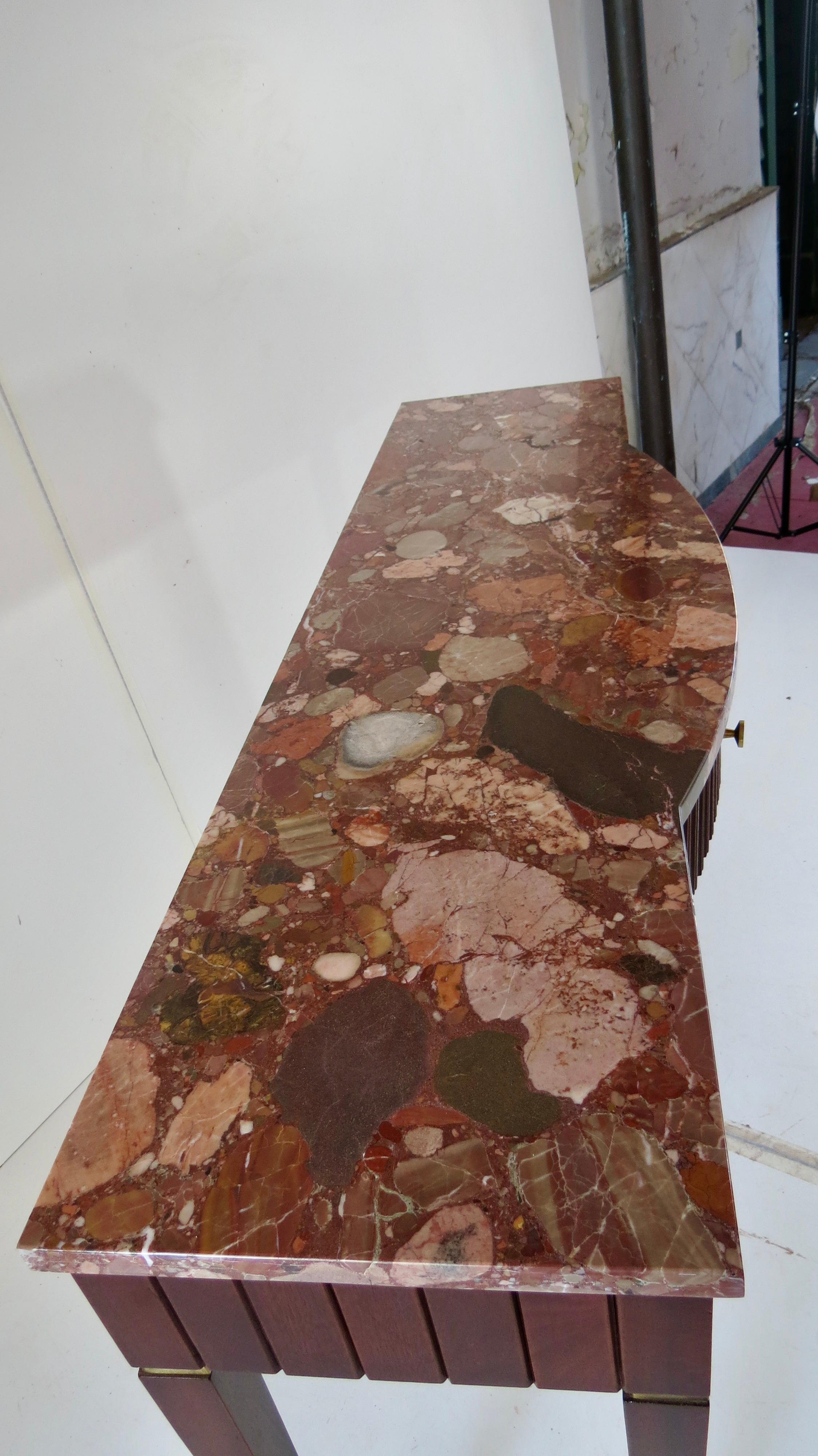 Mid-Century Modern Large Paolo Buffa Red Marble Breccia, Brass, Rosewood Console Table, 1950
