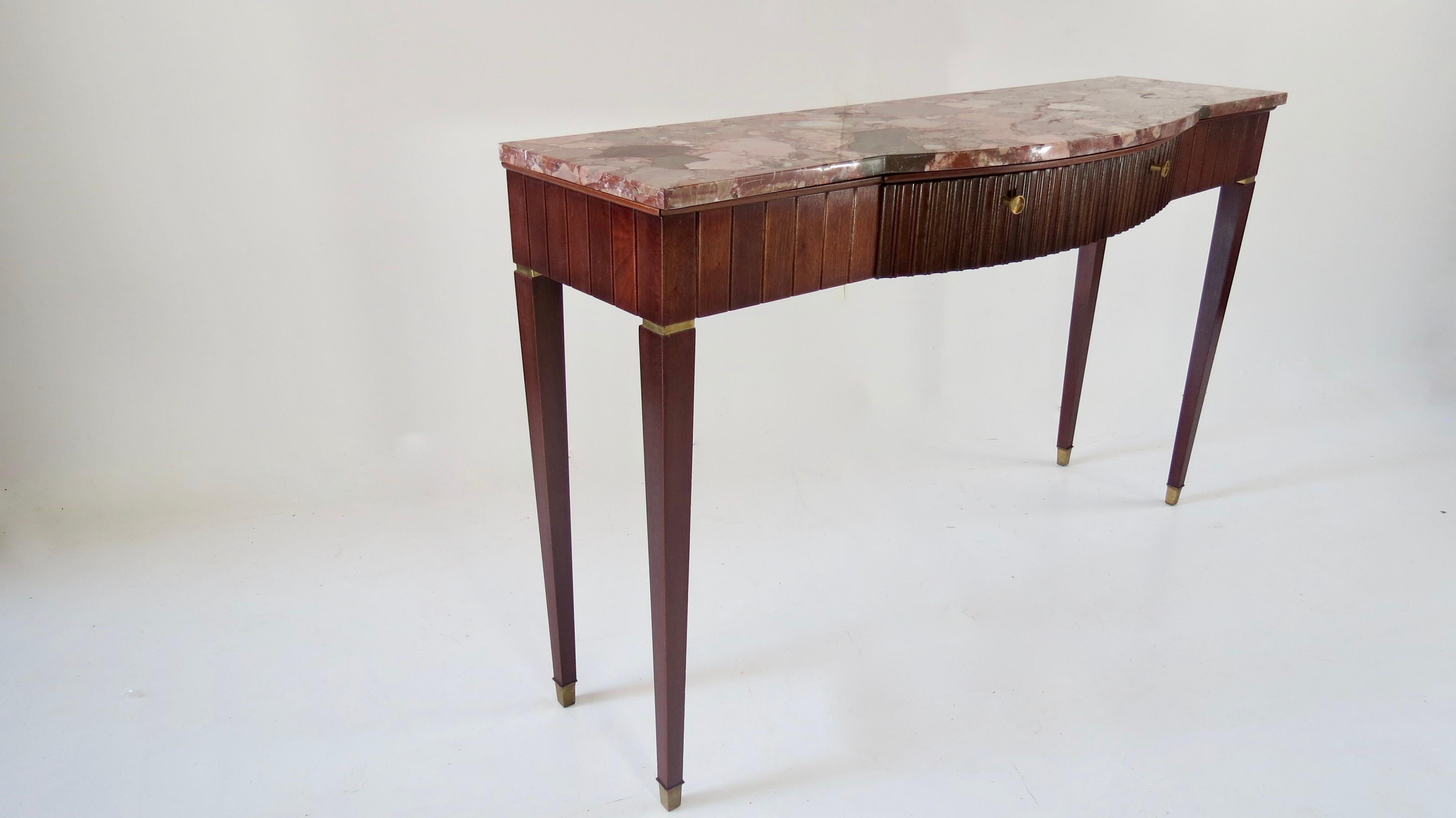 Italian Large Paolo Buffa Red Marble Breccia, Brass, Rosewood Console Table, 1950