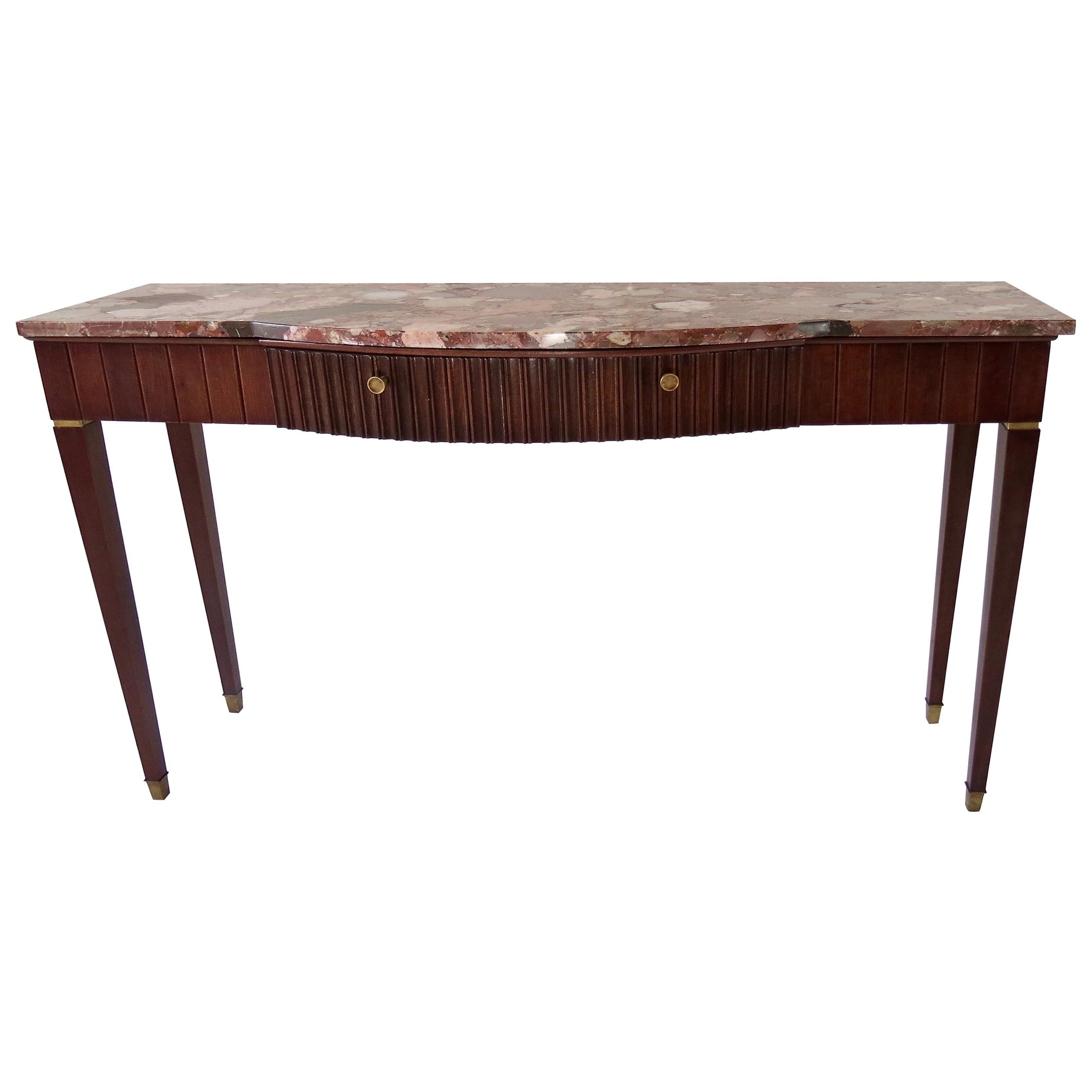 Large Paolo Buffa Red Marble Breccia, Brass, Rosewood Console Table, 1950