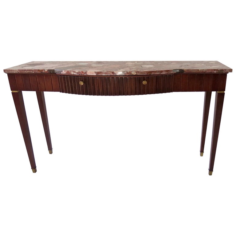 Large Paolo Buffa Red Marble Breccia, Brass, Rosewood Console Table, 1950 For Sale