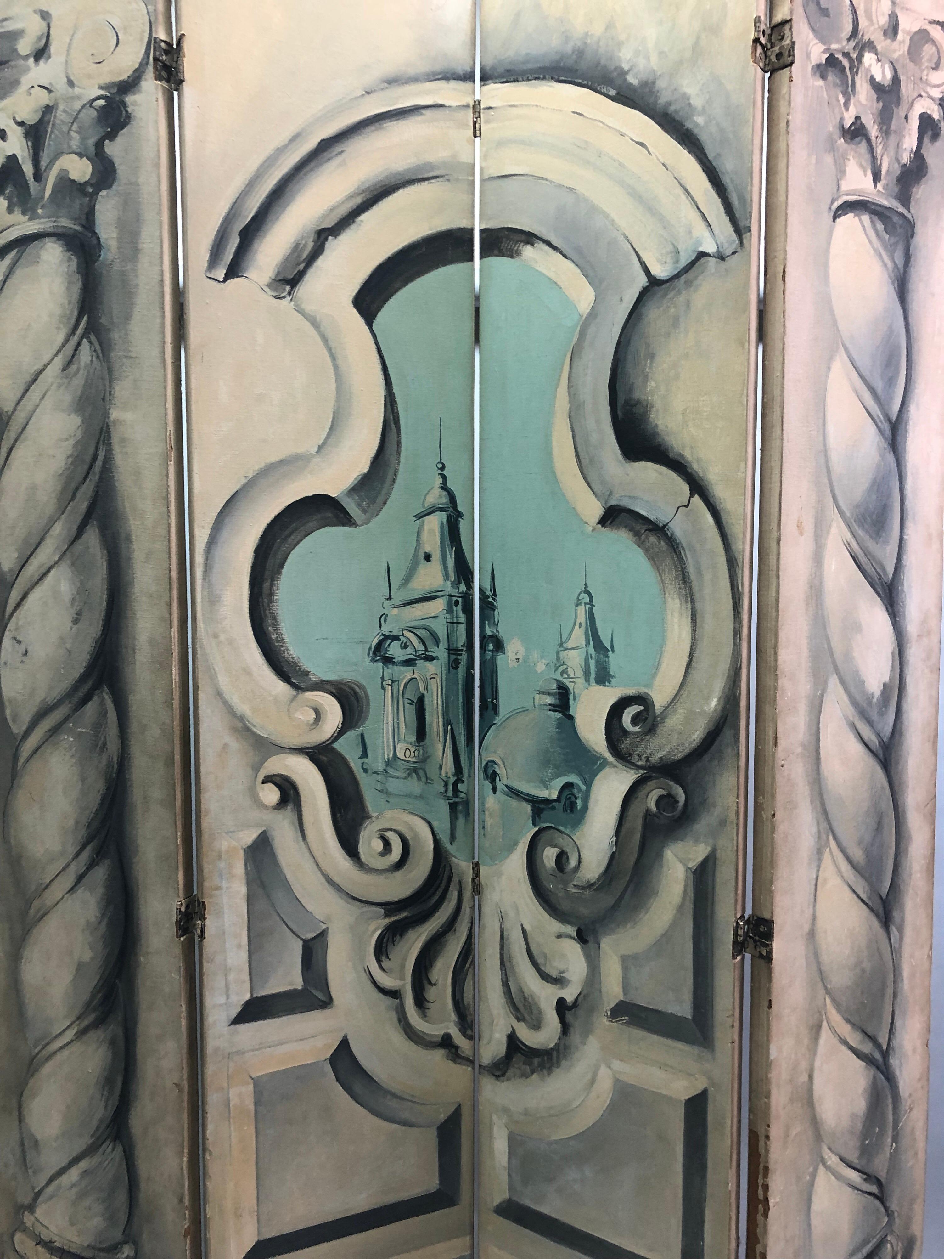 Large Paris Opera Tromp L'Oeil 4 Panel Theatrical / Decorative Screen, 1940 In Good Condition For Sale In New York, NY