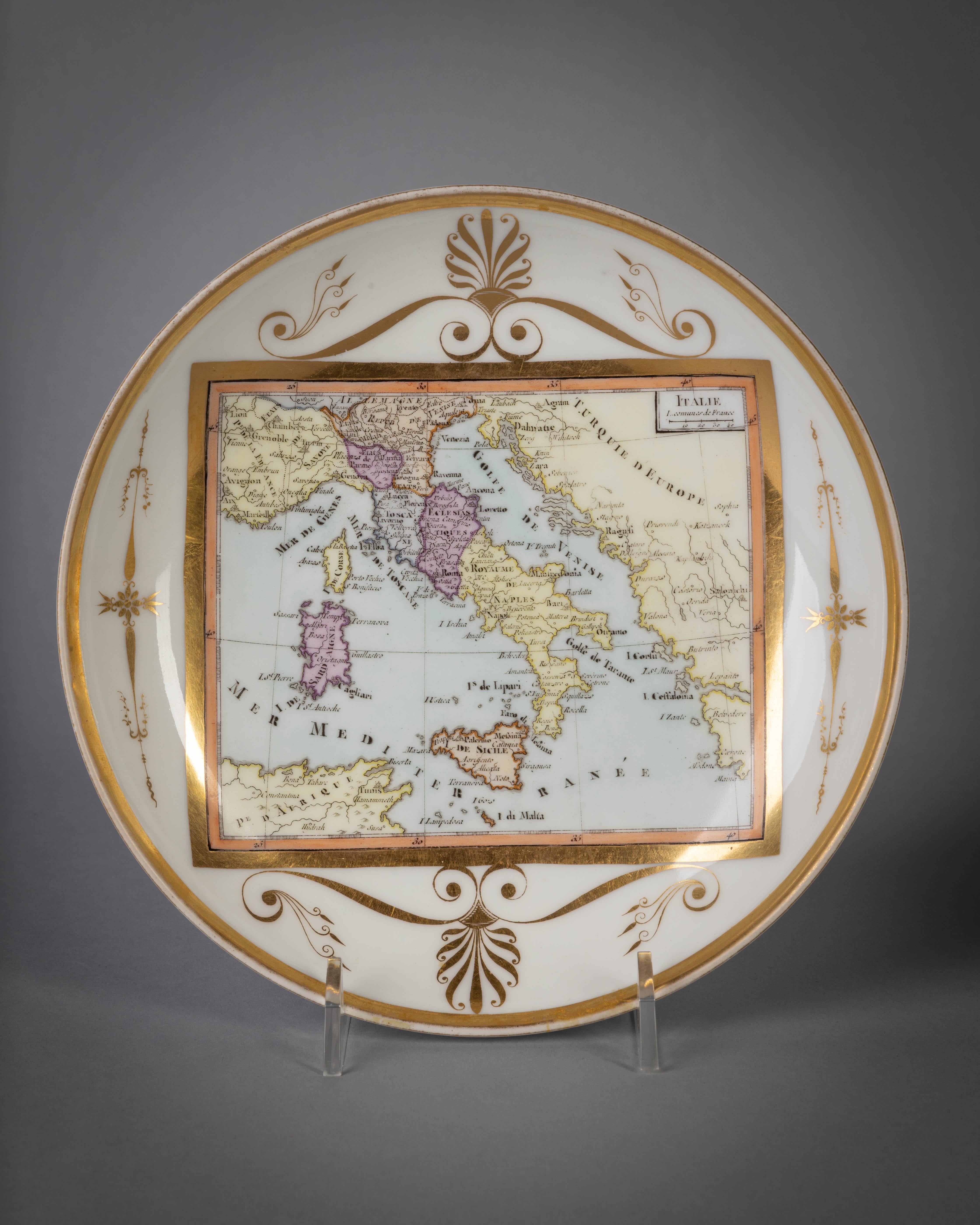Large Paris porcelain map of Italy cup and saucer, circa 1810.