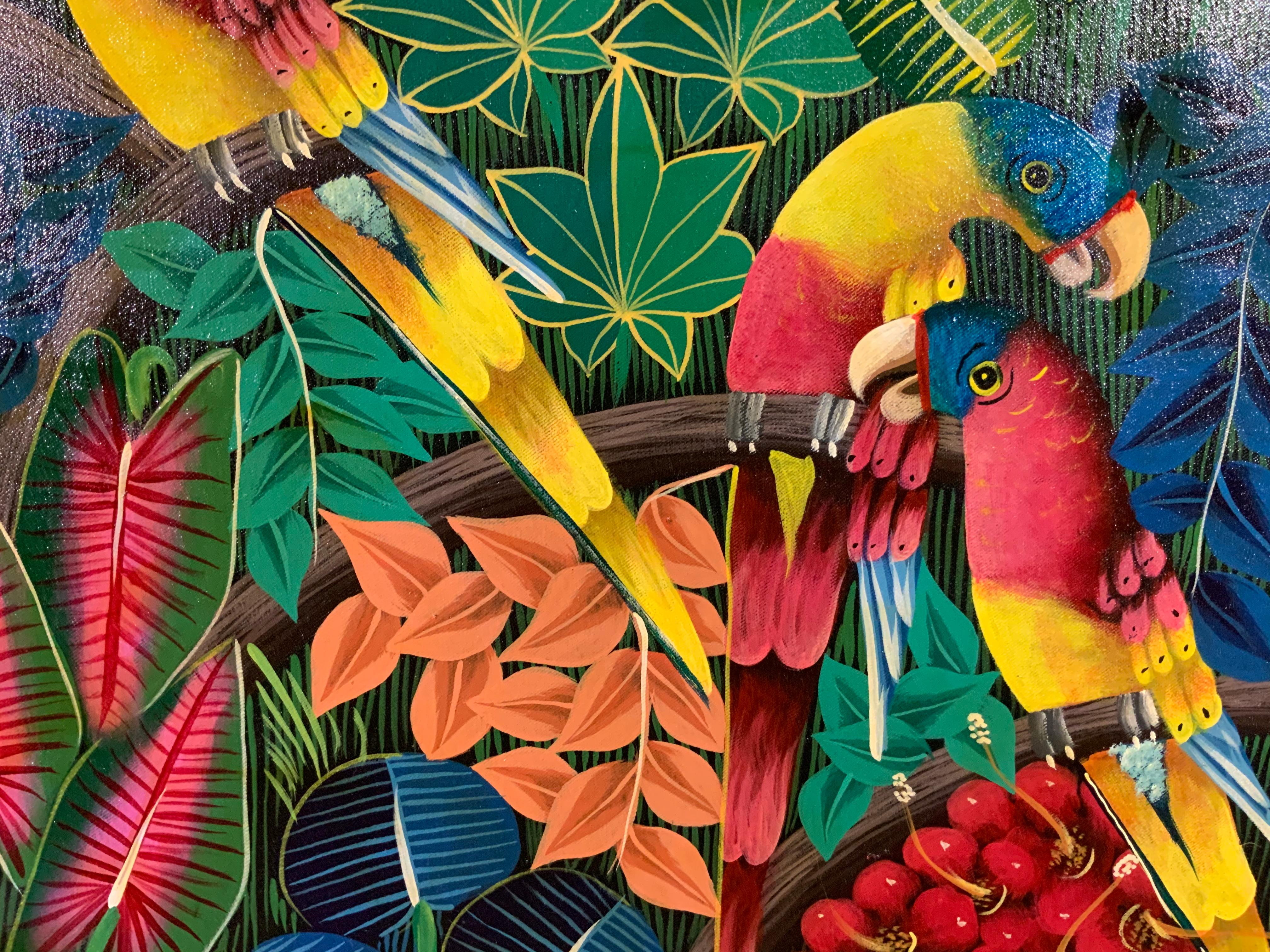 Large Parrots in the Jungle, Haitian Acrylic Painting on Canvas 6