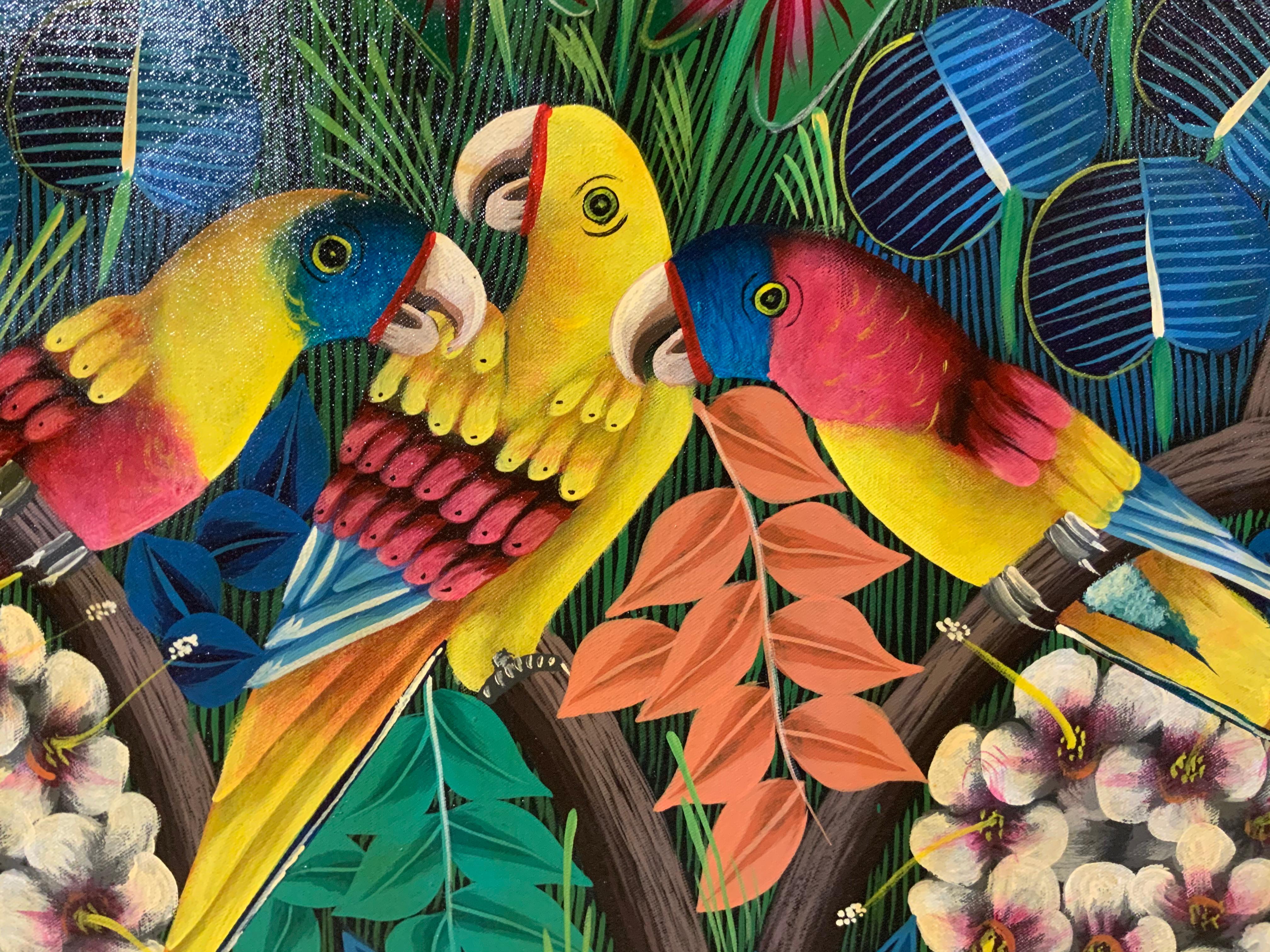 Large Parrots in the Jungle, Haitian Acrylic Painting on Canvas 7