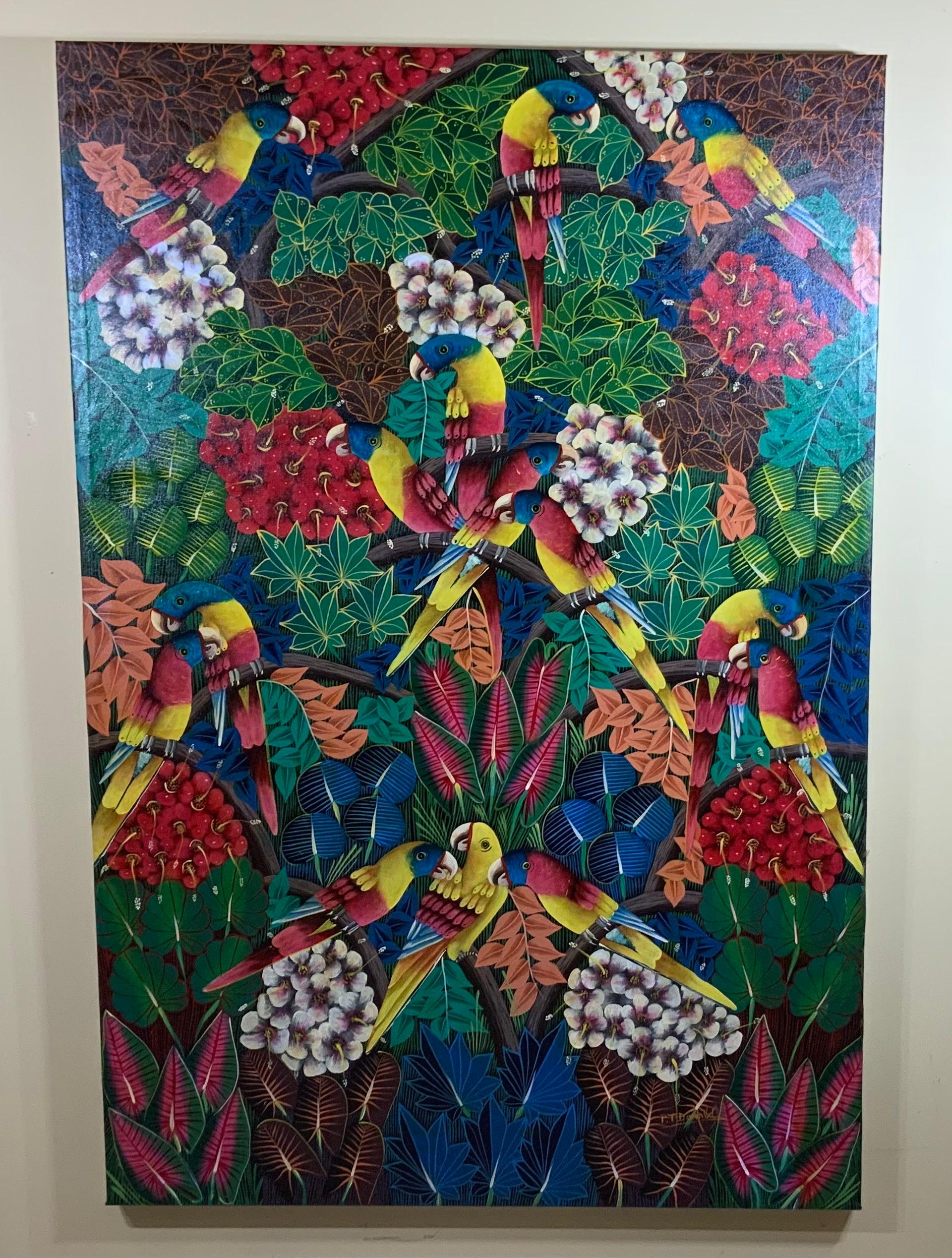 Large Parrots in the Jungle, Haitian Acrylic Painting on Canvas 8