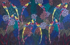 Große Papageien im Dschungel, haitianisches Acrylgemälde auf Leinwand