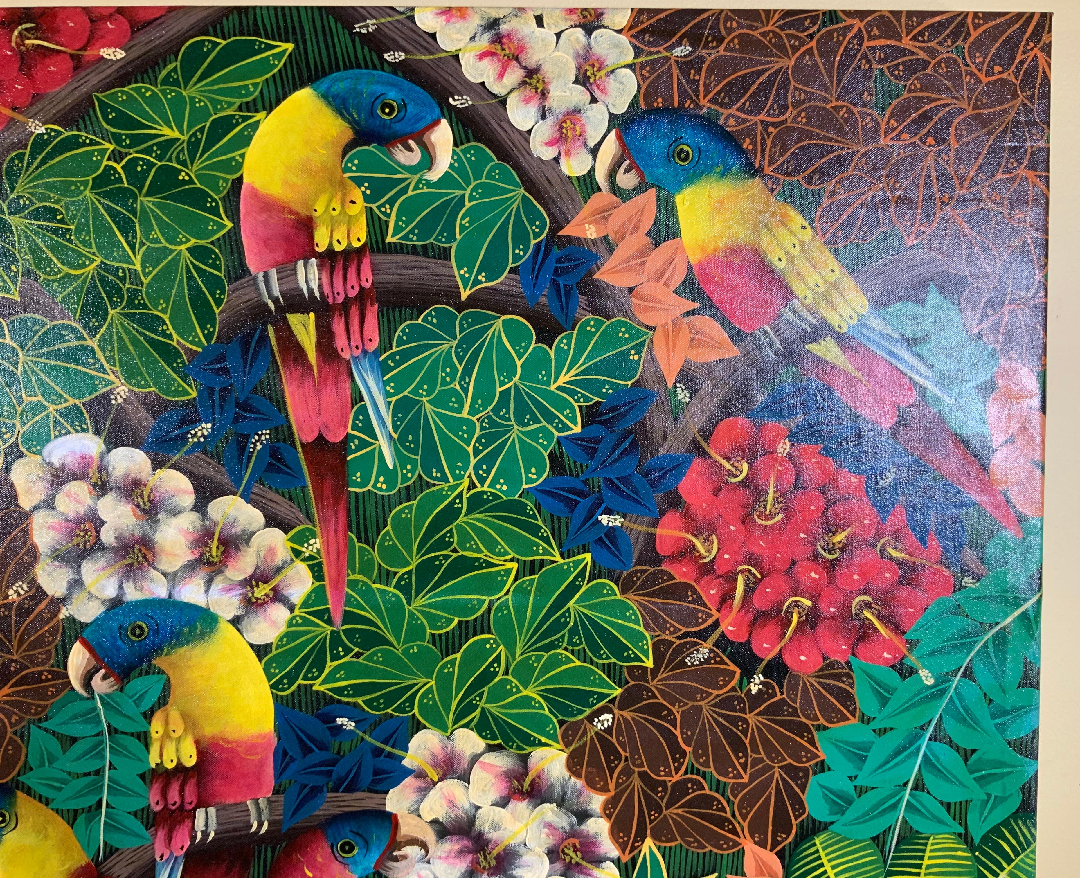 Exceptional large painting by indigenous Haitian artist P.t Donald, of beautiful school of parrots overlooking lush green jungle, acrylic paint on canvas, frame is not included. Signed by the artist.
        