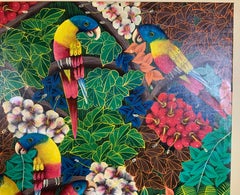 Large Parrots in the Jungle, Haitian Acrylic Painting on Canvas