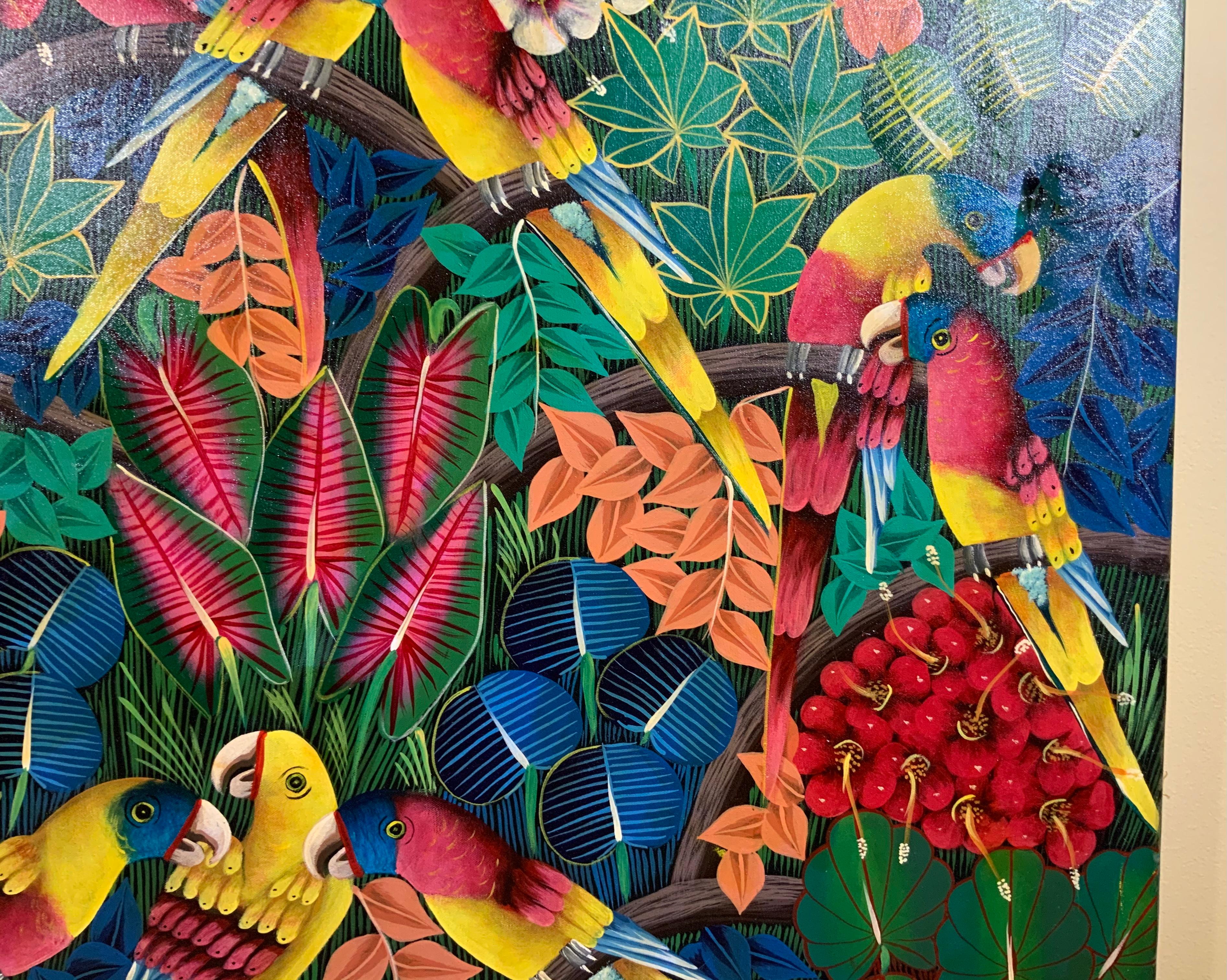 Large Parrots in the Jungle, Haitian Acrylic Painting on Canvas In Good Condition In Delray Beach, FL