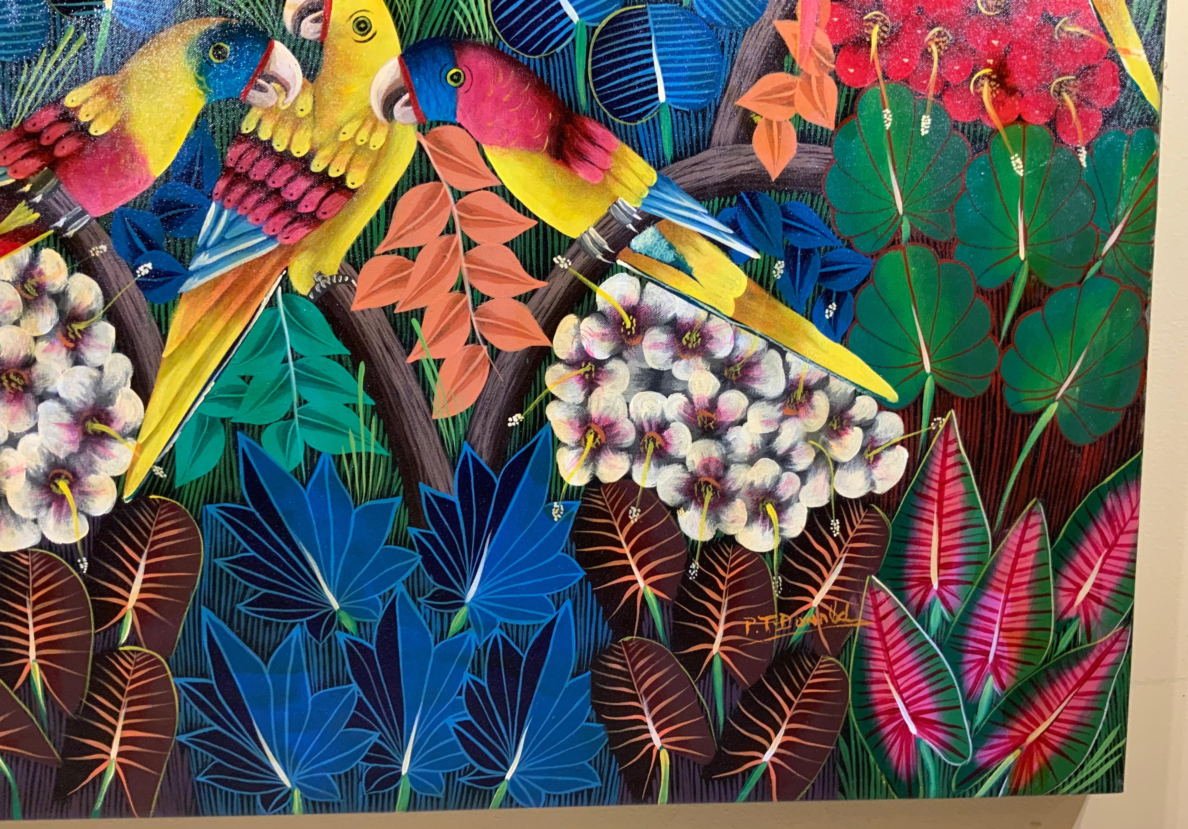 20th Century Large Parrots in the Jungle, Haitian Acrylic Painting on Canvas