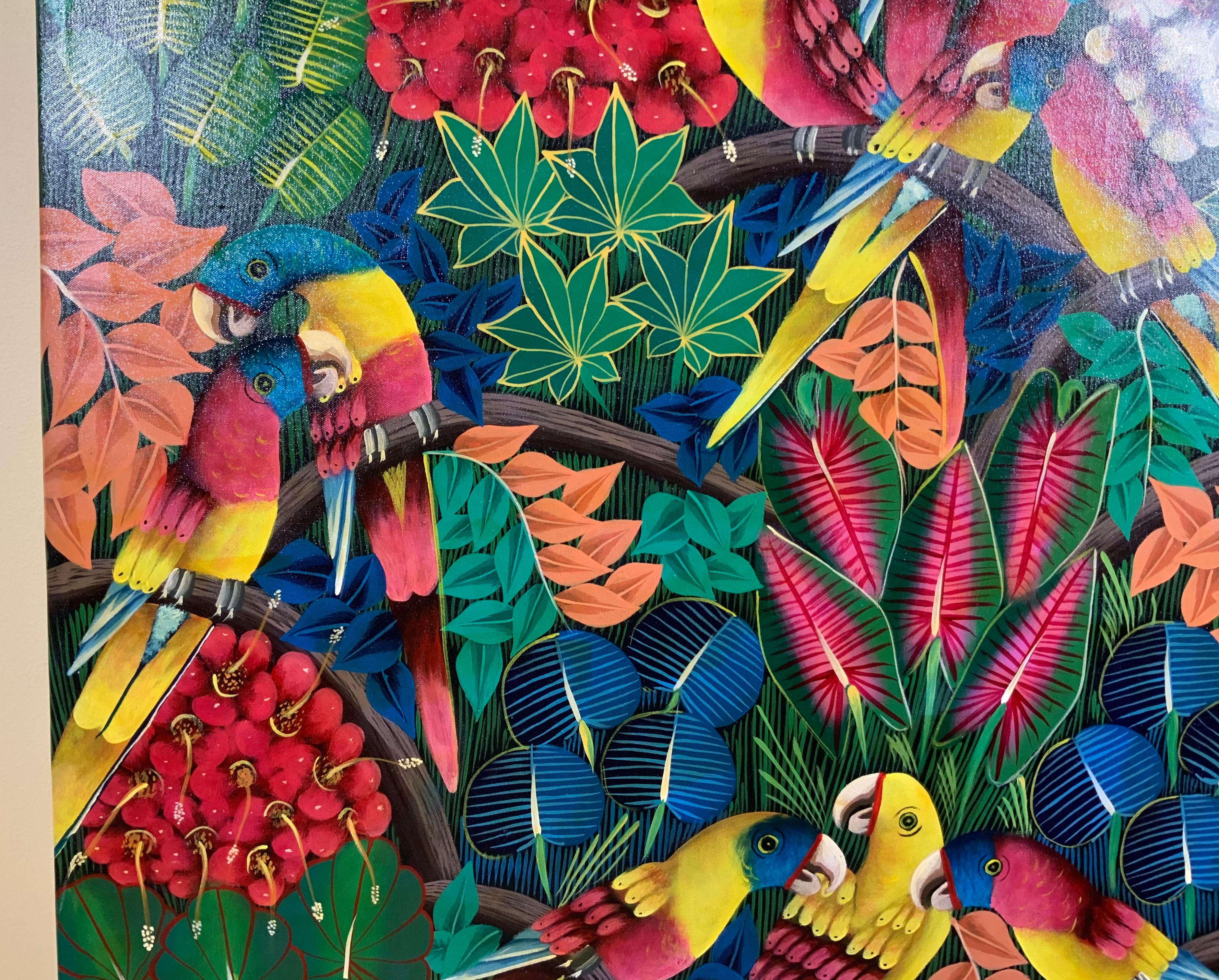 Large Parrots in the Jungle, Haitian Acrylic Painting on Canvas 2
