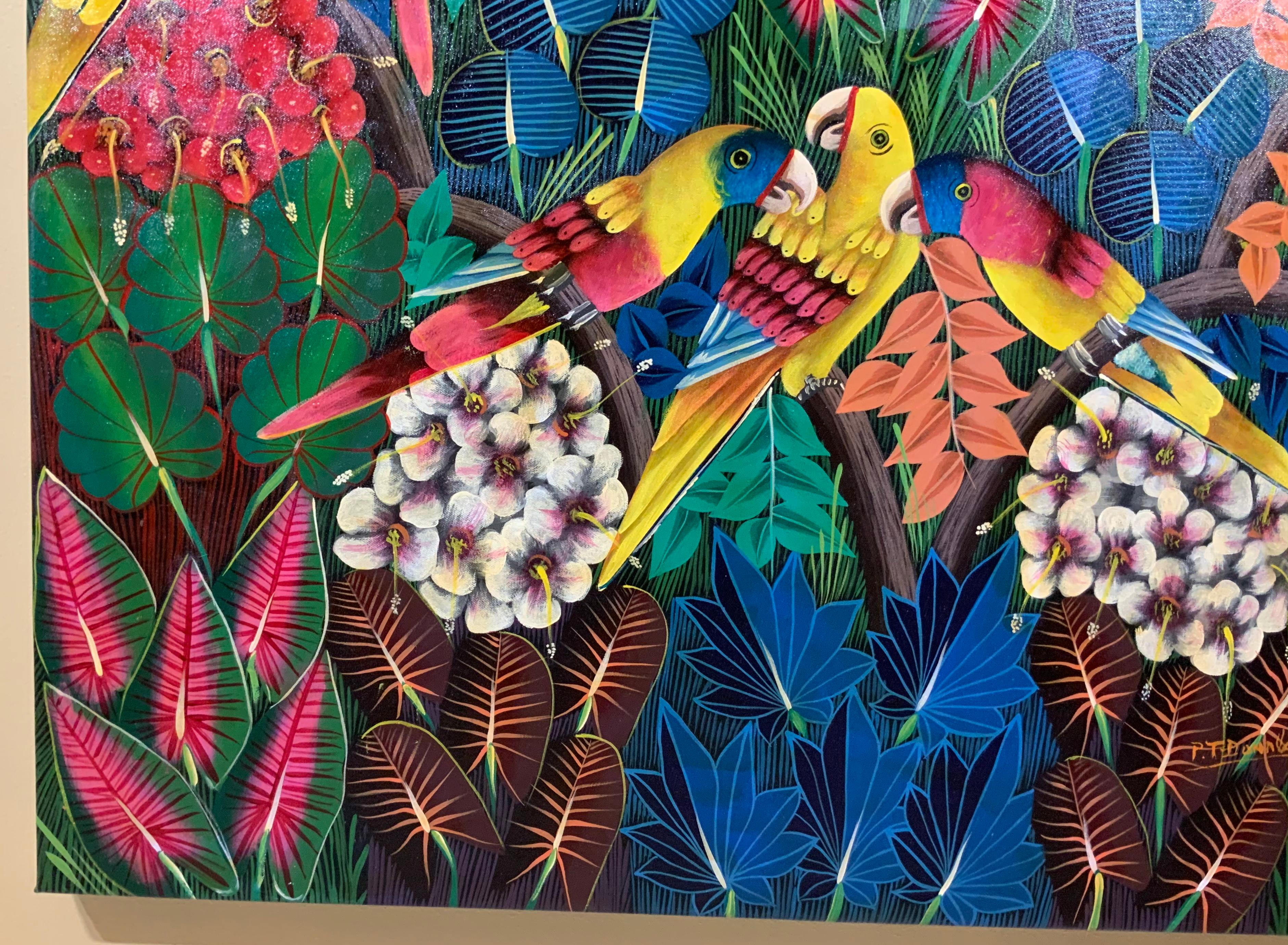 Large Parrots in the Jungle, Haitian Acrylic Painting on Canvas 3
