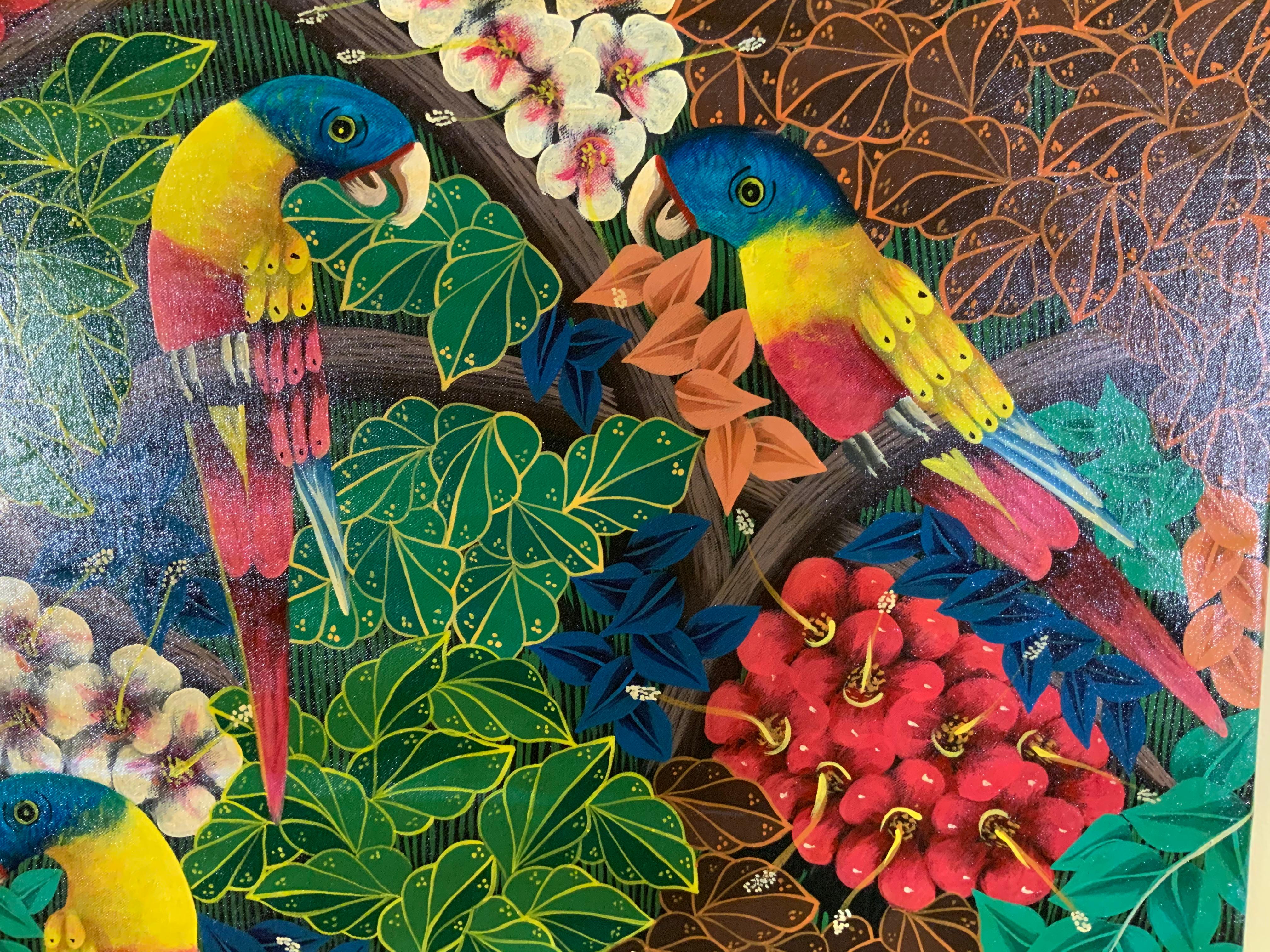 Large Parrots in the Jungle, Haitian Acrylic Painting on Canvas 5