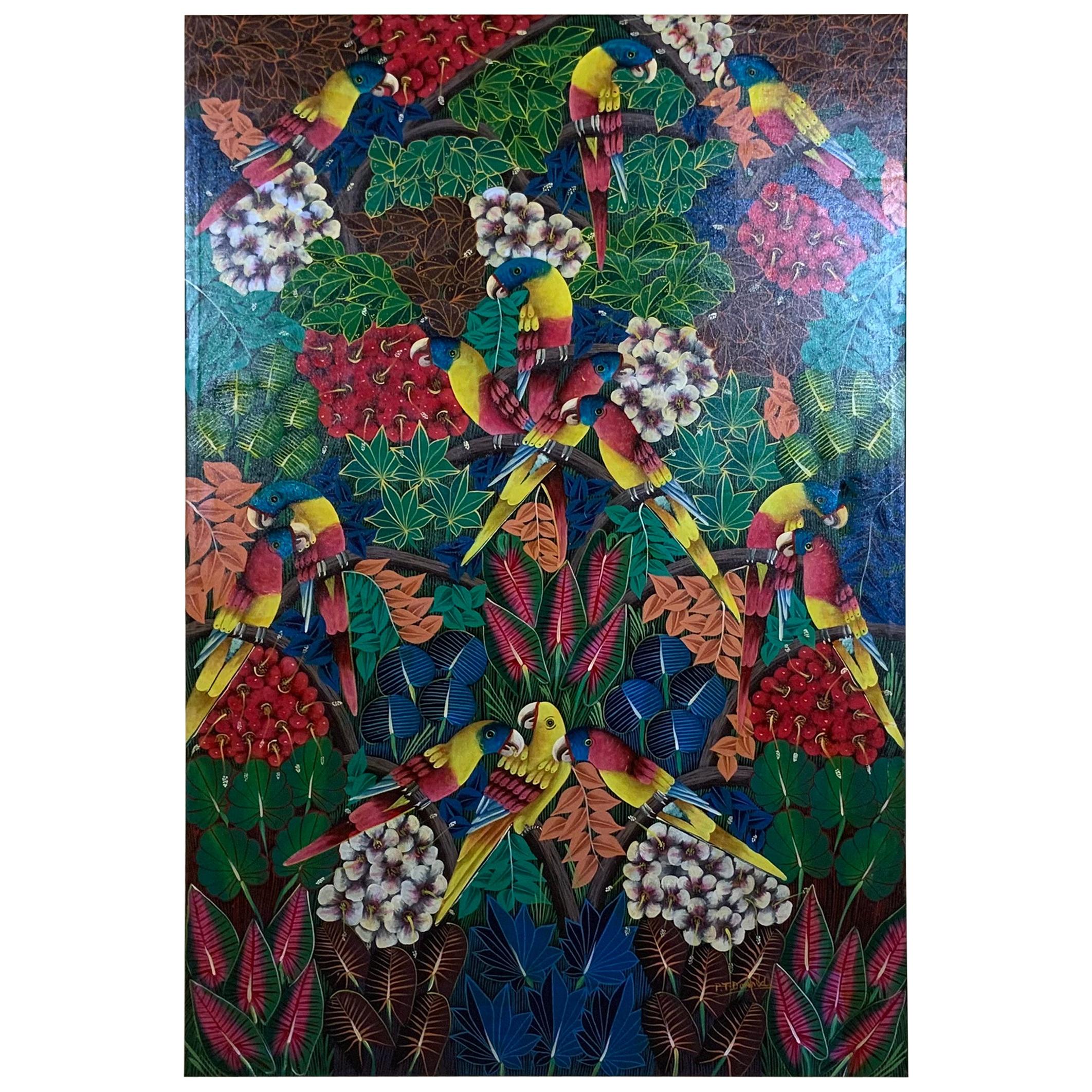 Large Parrots in the Jungle, Haitian Acrylic Painting on Canvas