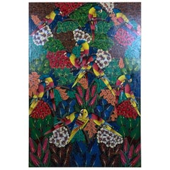 Large Parrots in the Jungle, Haitian Acrylic Painting on Canvas