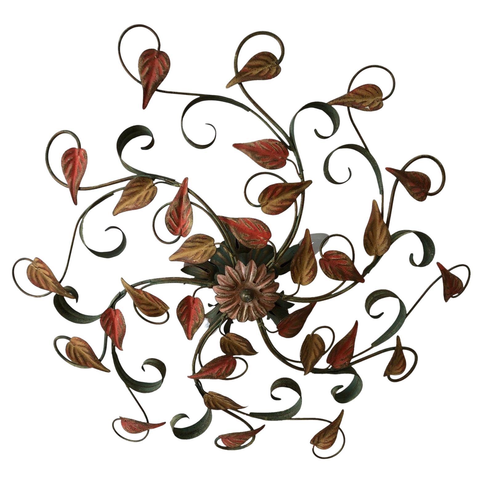 large pastel coloured 1950s metal floral flush mount ceiling light or sconce