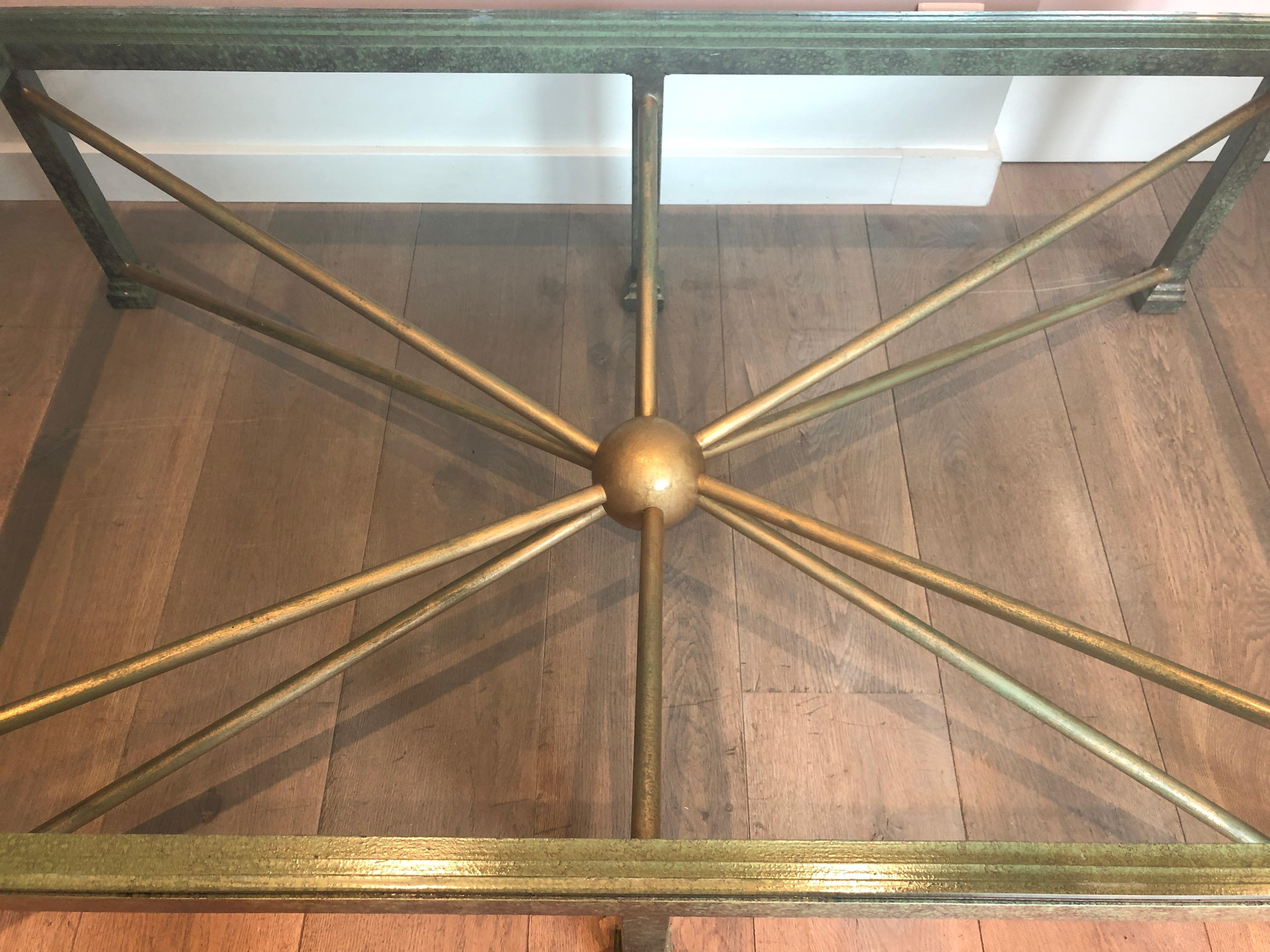 Mid-Century Modern Large Patinated and Gilt Steel and Wrought Iron Coffee Table For Sale