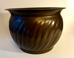 Large Patinated Brass Jardiniere or Planter and Detailed Swirl Ribbed Flared Rim
