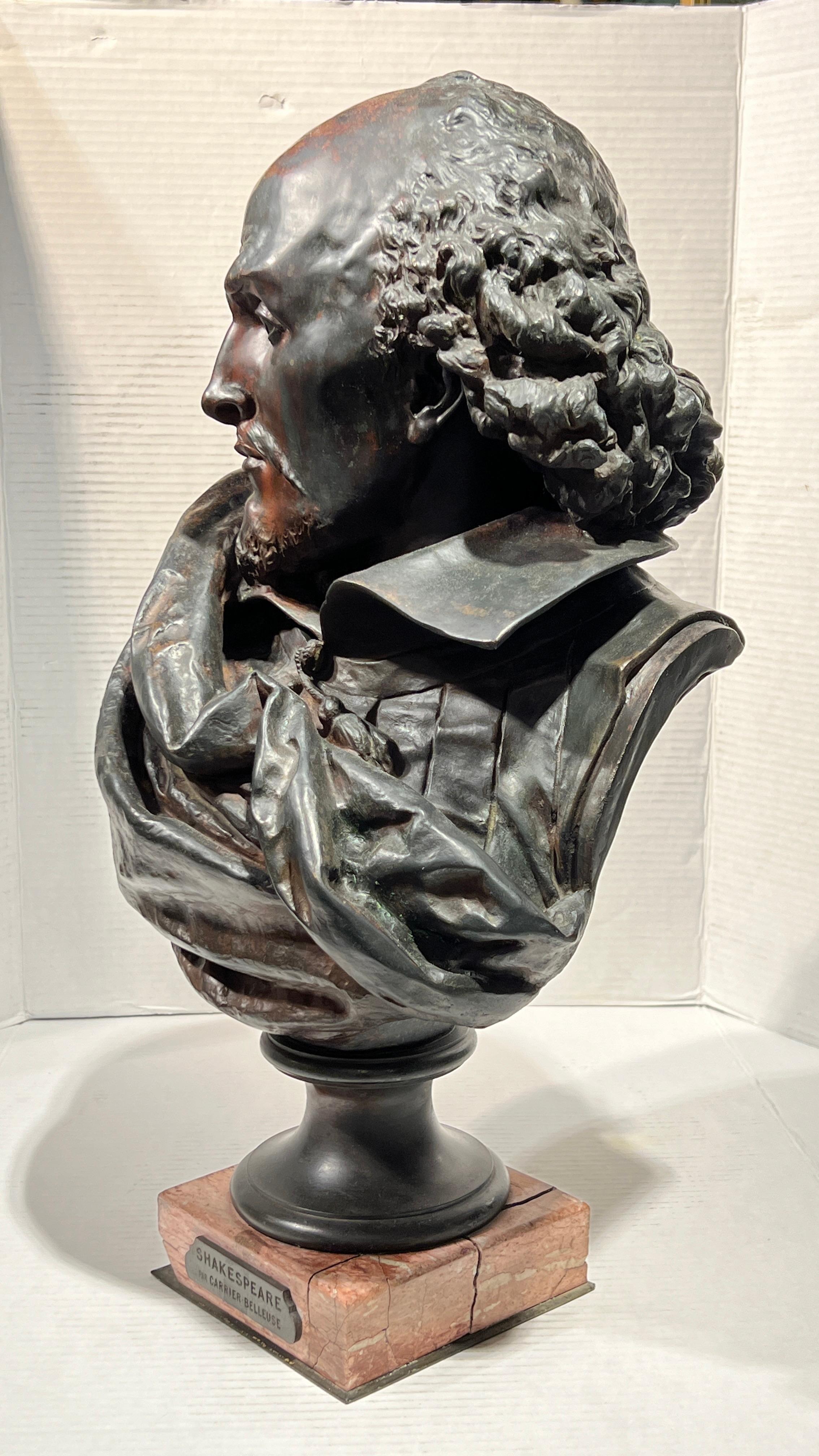 Large Patinated Bronze Bust of William Shakespeare After Carrier-Belleuse For Sale 10