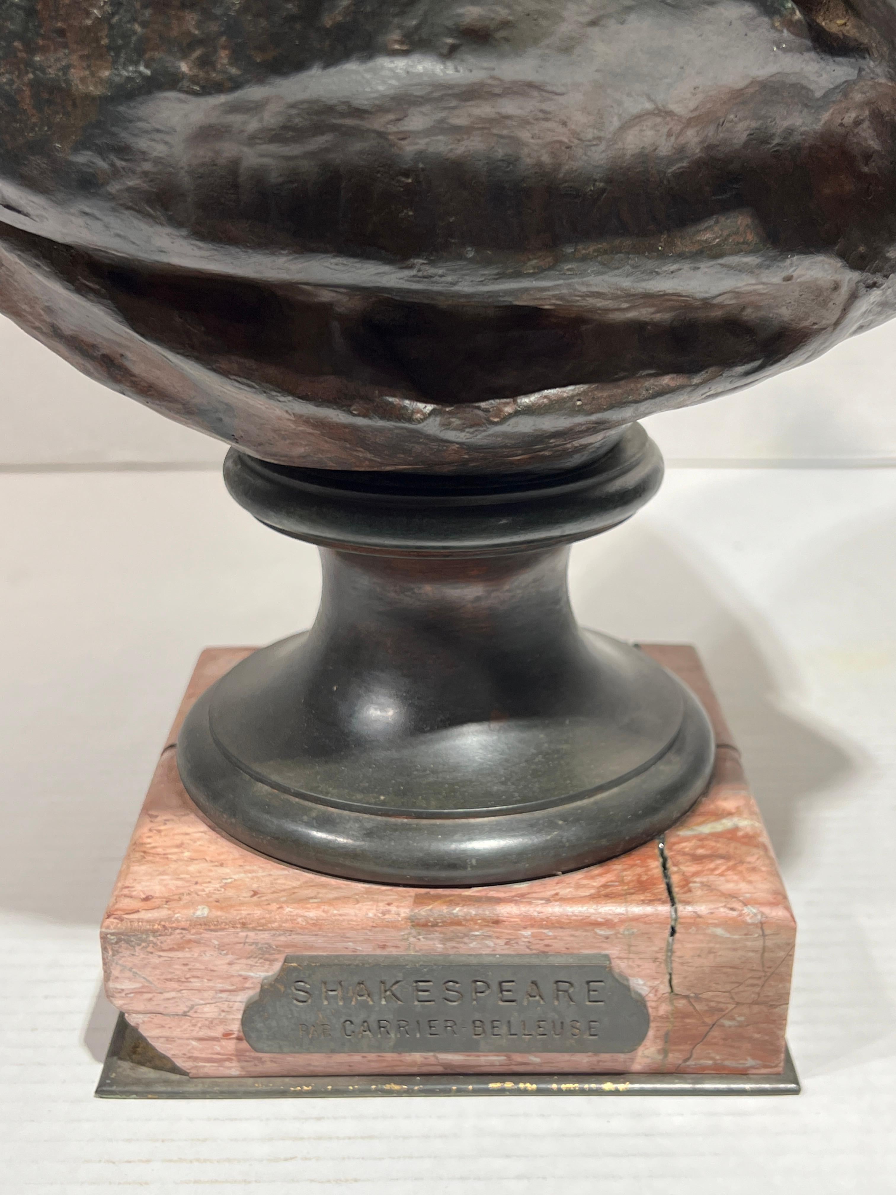 Large Patinated Bronze Bust of William Shakespeare After Carrier-Belleuse In Good Condition For Sale In New York, NY