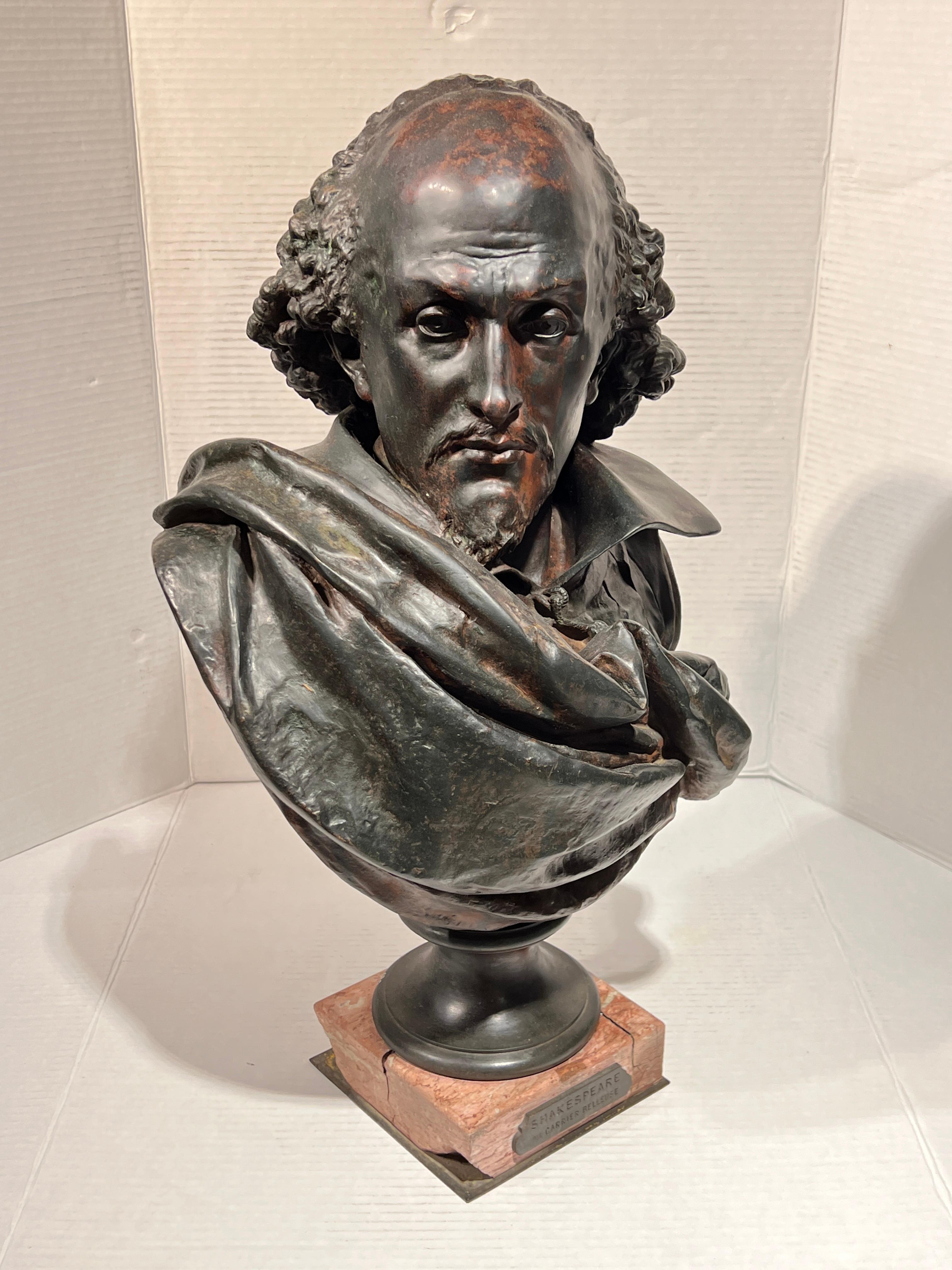 19th Century Large Patinated Bronze Bust of William Shakespeare After Carrier-Belleuse For Sale