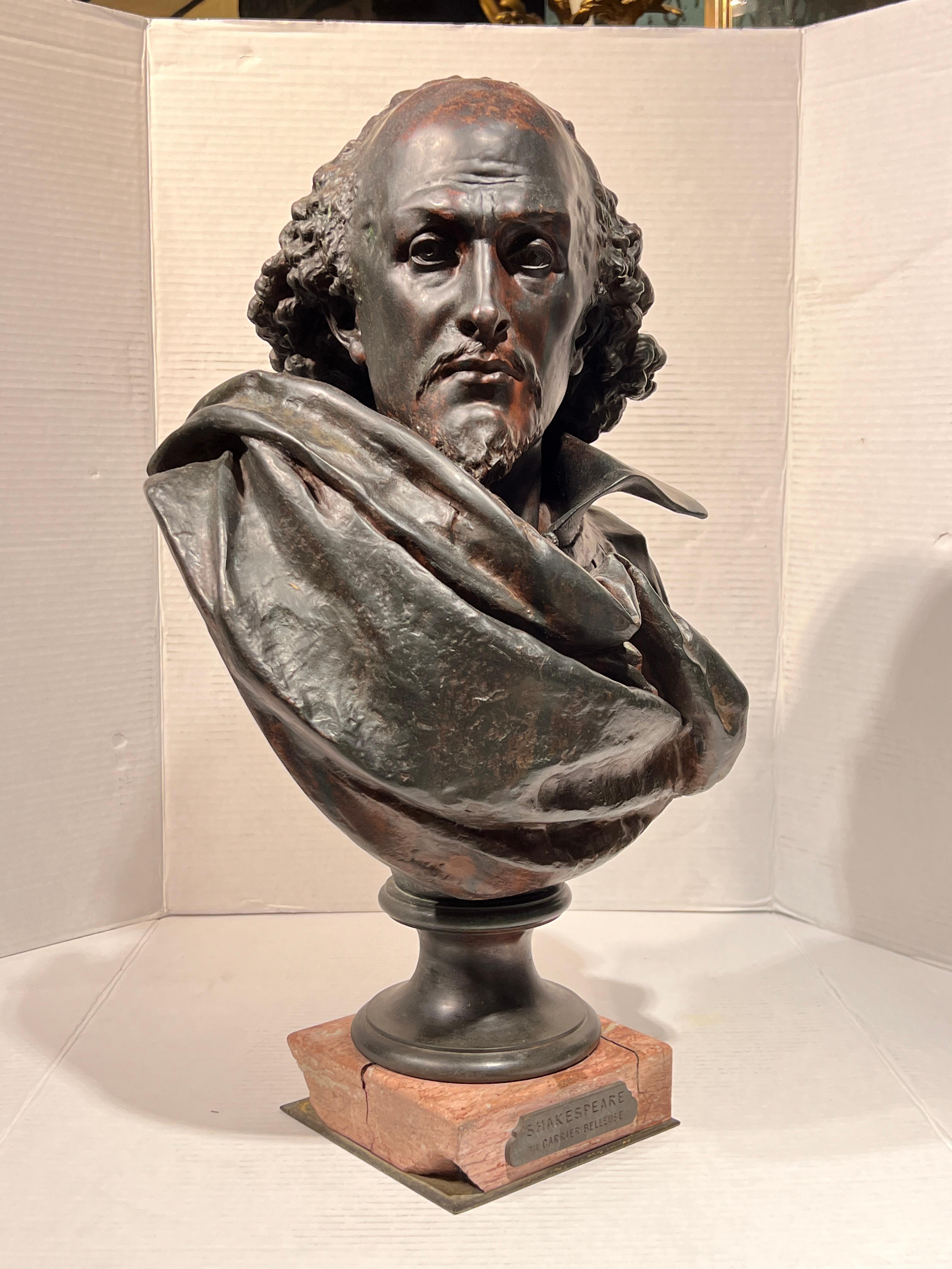Large Patinated Bronze Bust of William Shakespeare After Carrier-Belleuse For Sale 1