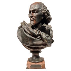 Gran busto de bronce patinado de William Shakespeare según Carrier-Belleuse