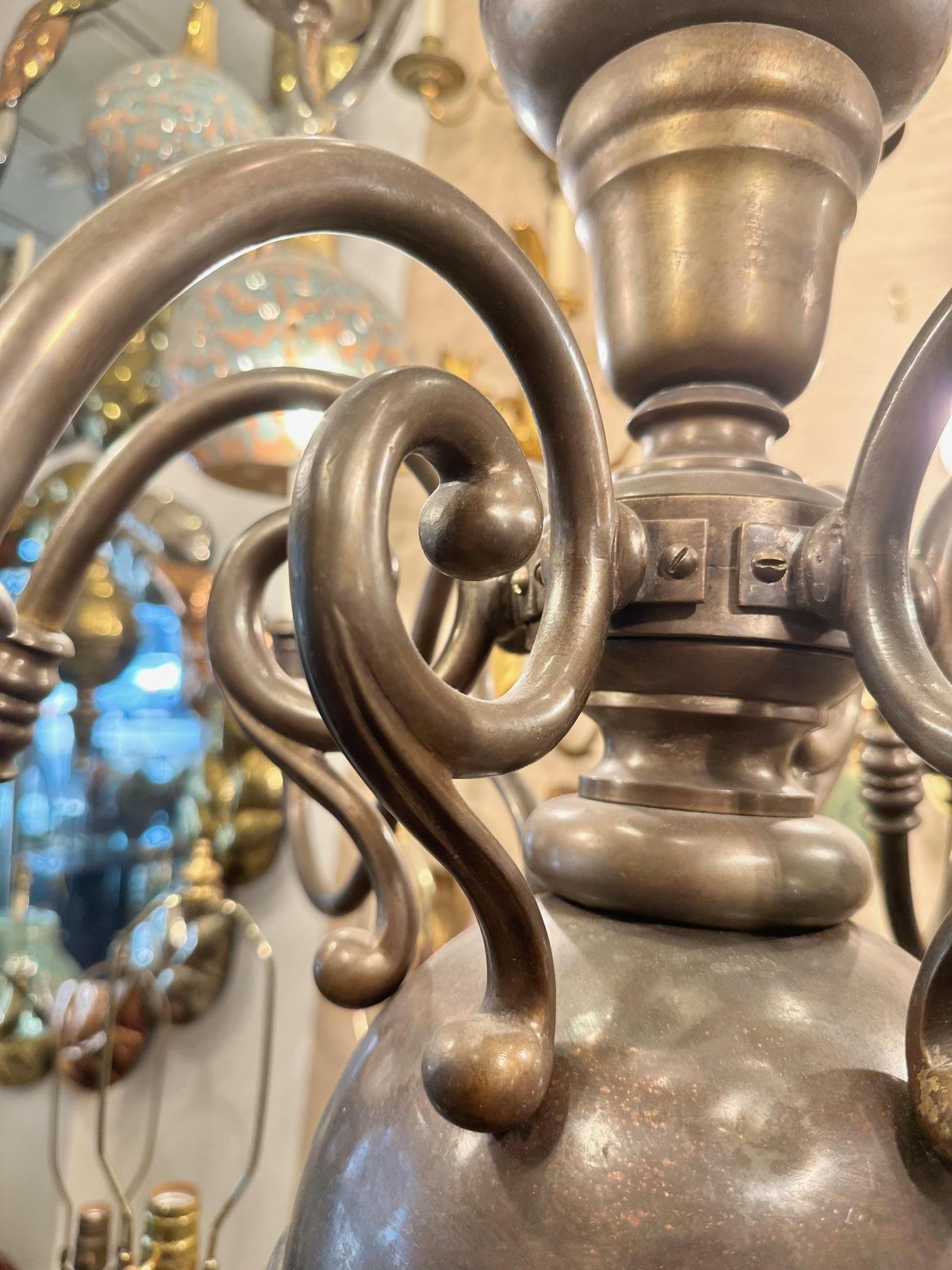 Large Patinated Bronze Dutch Chandelier In Good Condition For Sale In New York, NY