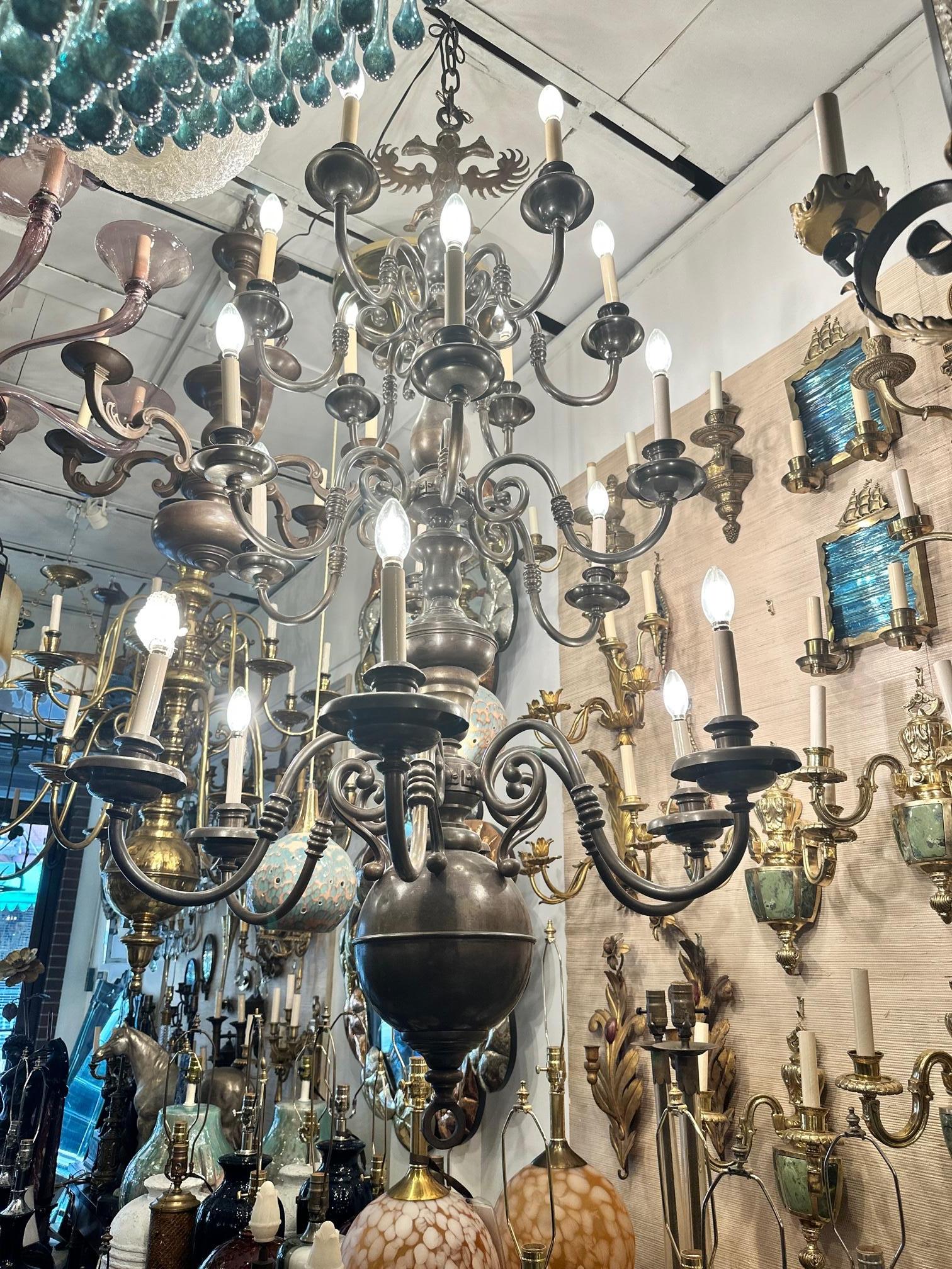 Large Patinated Bronze Dutch Chandelier For Sale 2