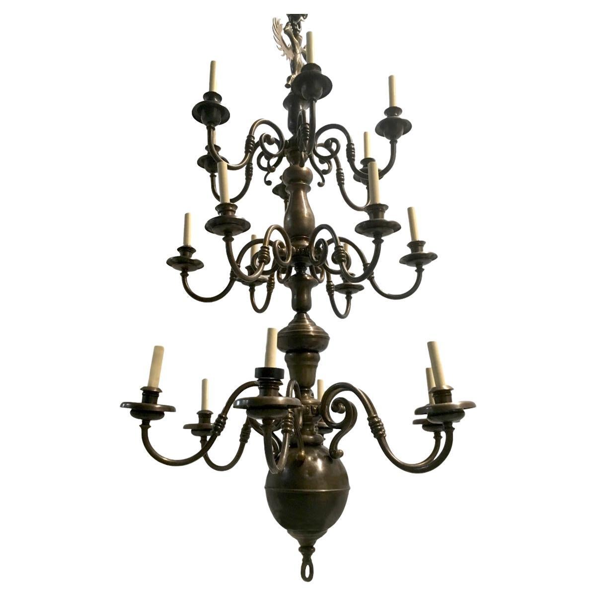 Large Patinated Bronze Dutch Chandelier