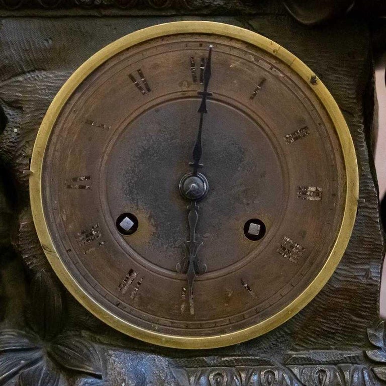 Large Patinated Bronze Figural Mantle Clock In Good Condition For Sale In Washington Crossing, PA
