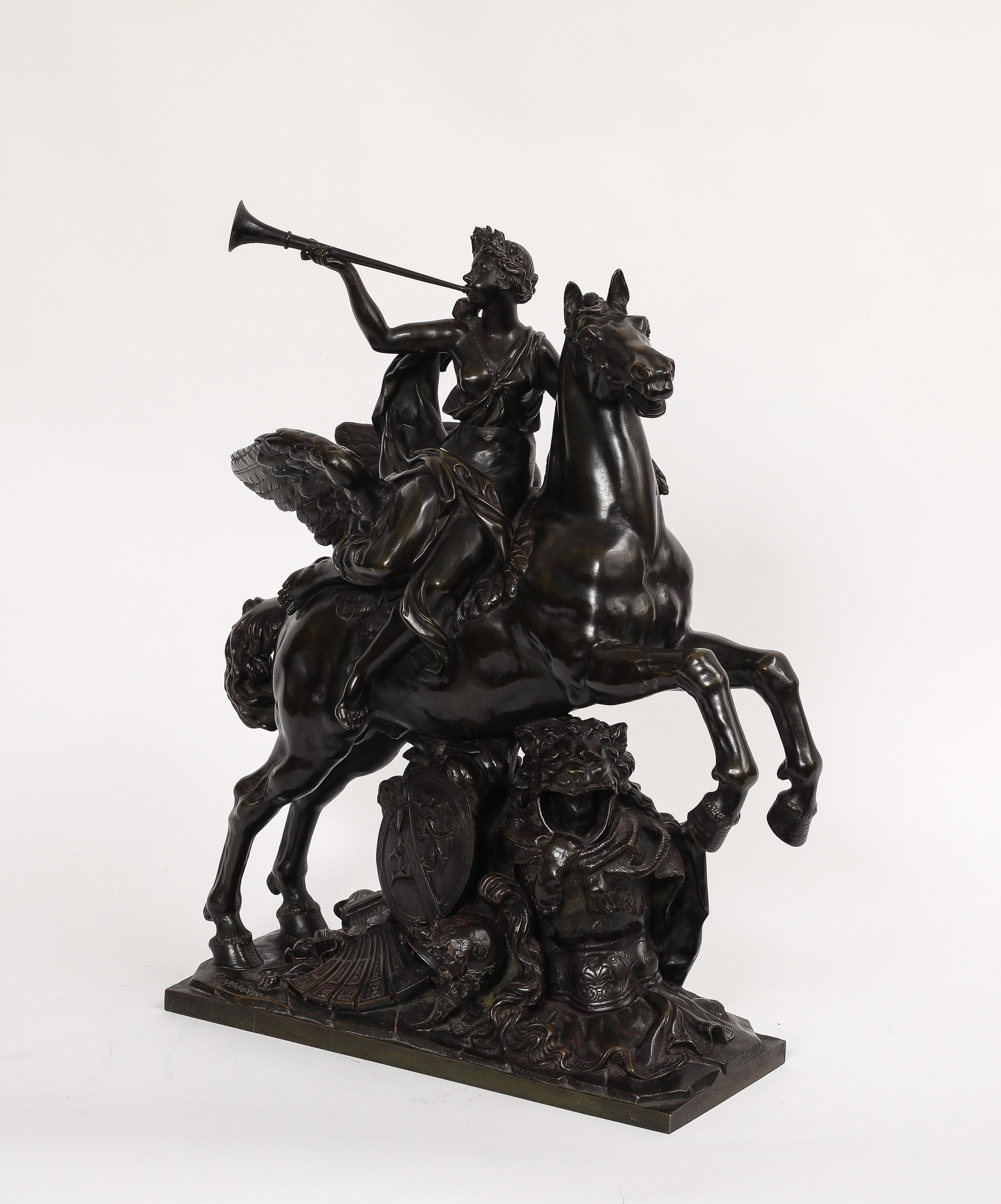 A Marvelous and Large 19th Century French Patinated Bronze group of Fame After the Model by Antoine Coysevox.  The sculpture depicts the allegorical figure of Fame seated side-saddle atop a winged horse, trumpet raised in her right hand, and a