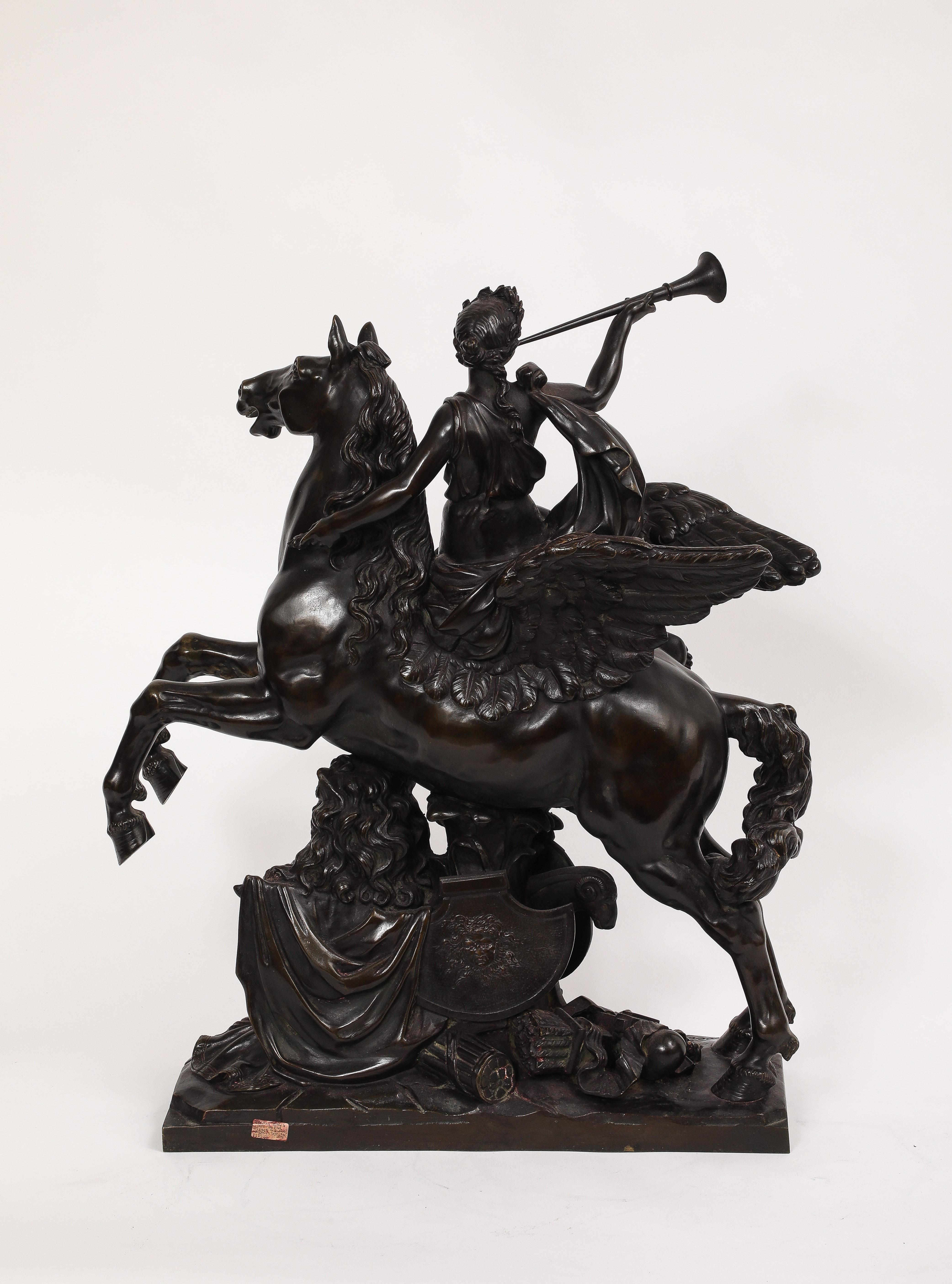 French Large Patinated Bronze Group of Fame After the Model by Antoine Coysevox For Sale