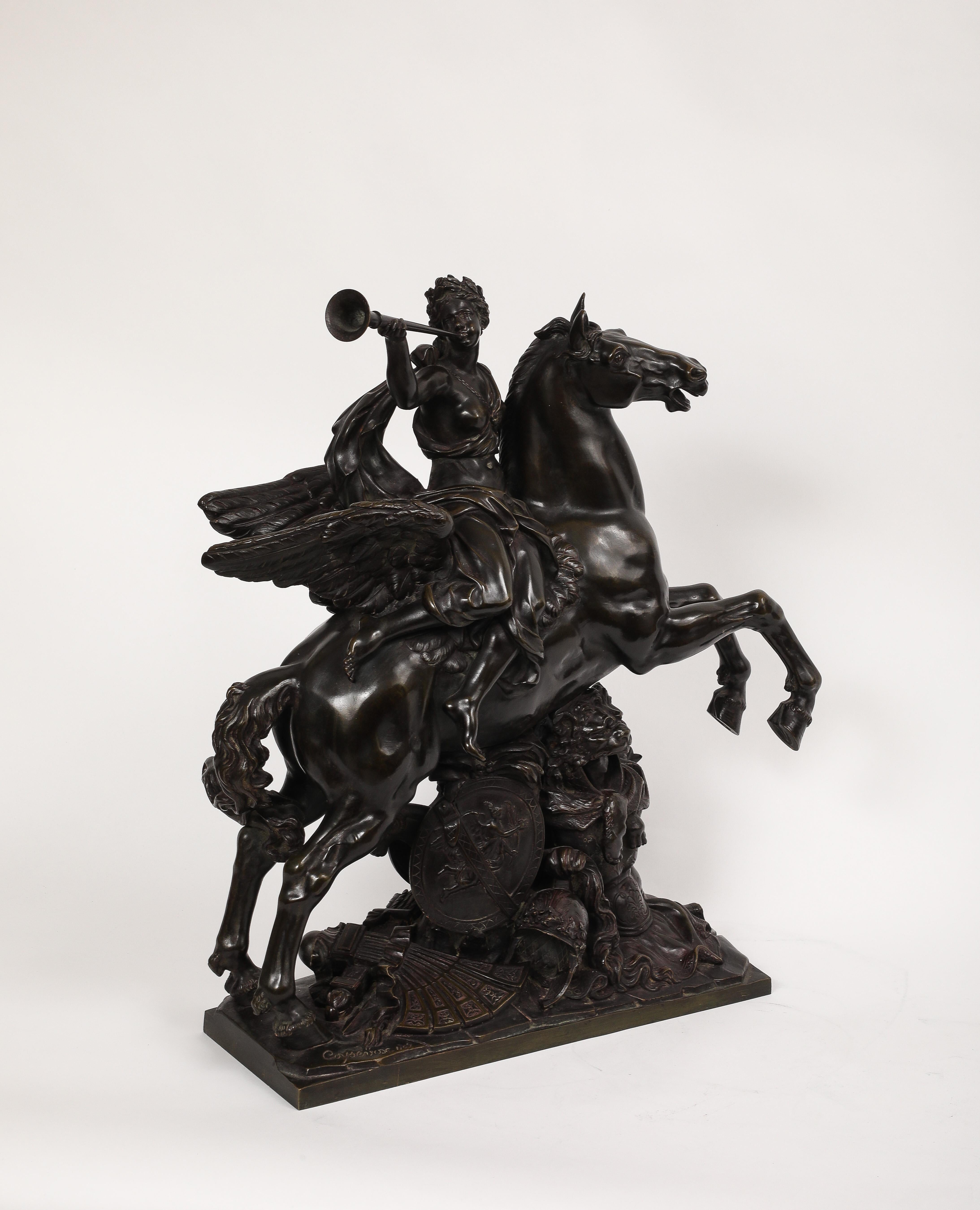 Mid-19th Century Large Patinated Bronze Group of Fame After the Model by Antoine Coysevox For Sale