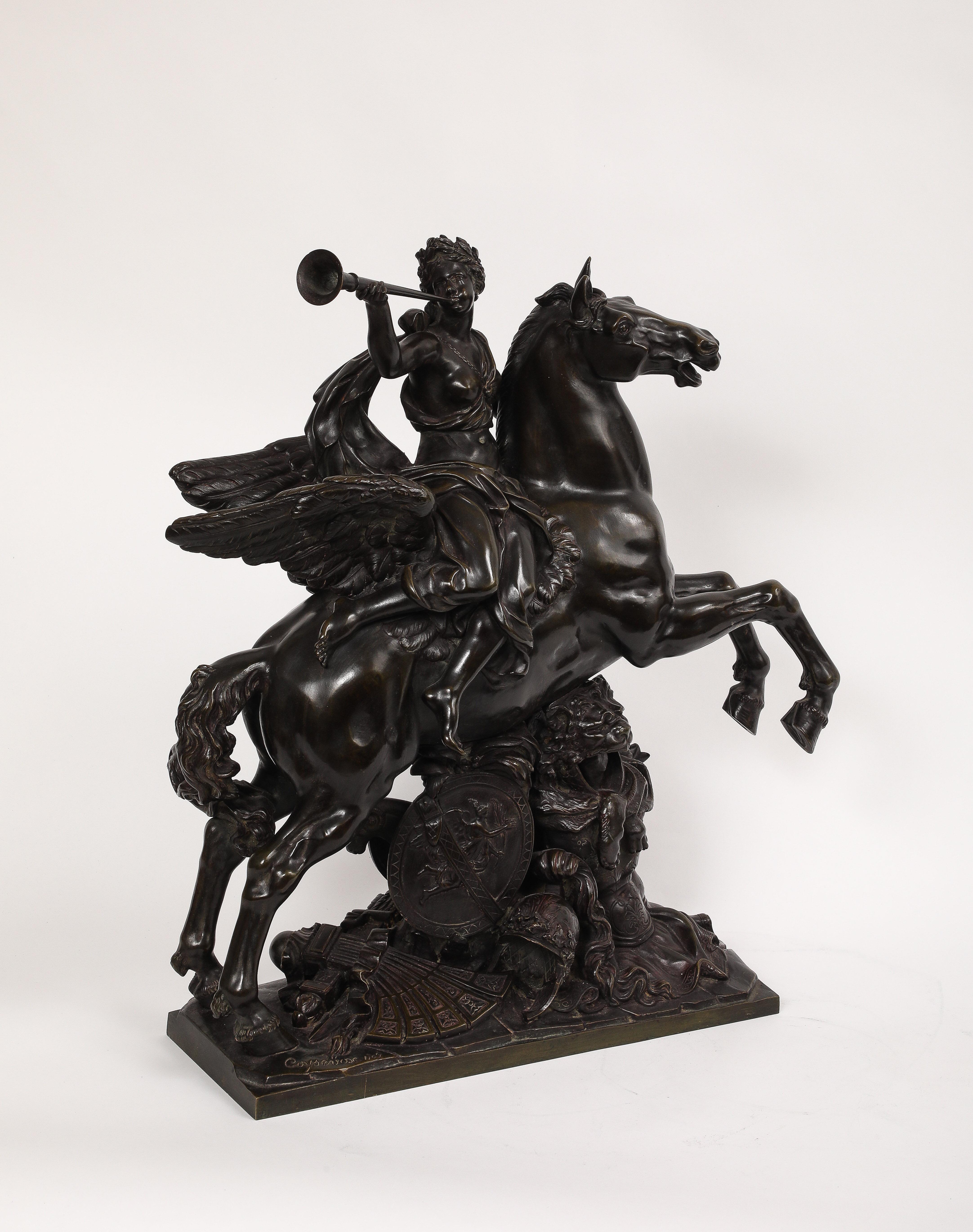 Large Patinated Bronze Group of Fame After the Model by Antoine Coysevox For Sale 1