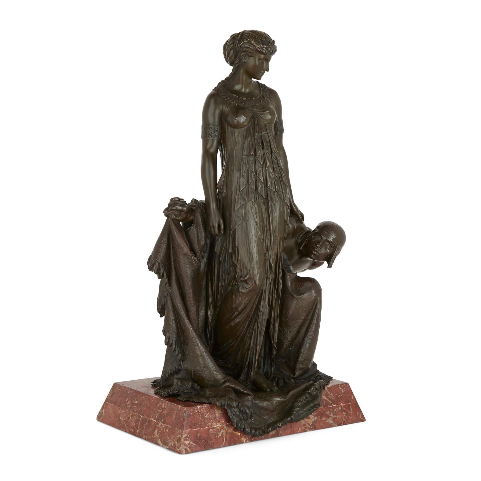 Unveiling the Princess: a large patinated bronze group by H. Dumaige
French, Late 19th Century
Height 82cm, width 46cm, depth 38cm

More commonly known for his works based upon Classical themes and figures, Etienne Henry Dumaige was a widely