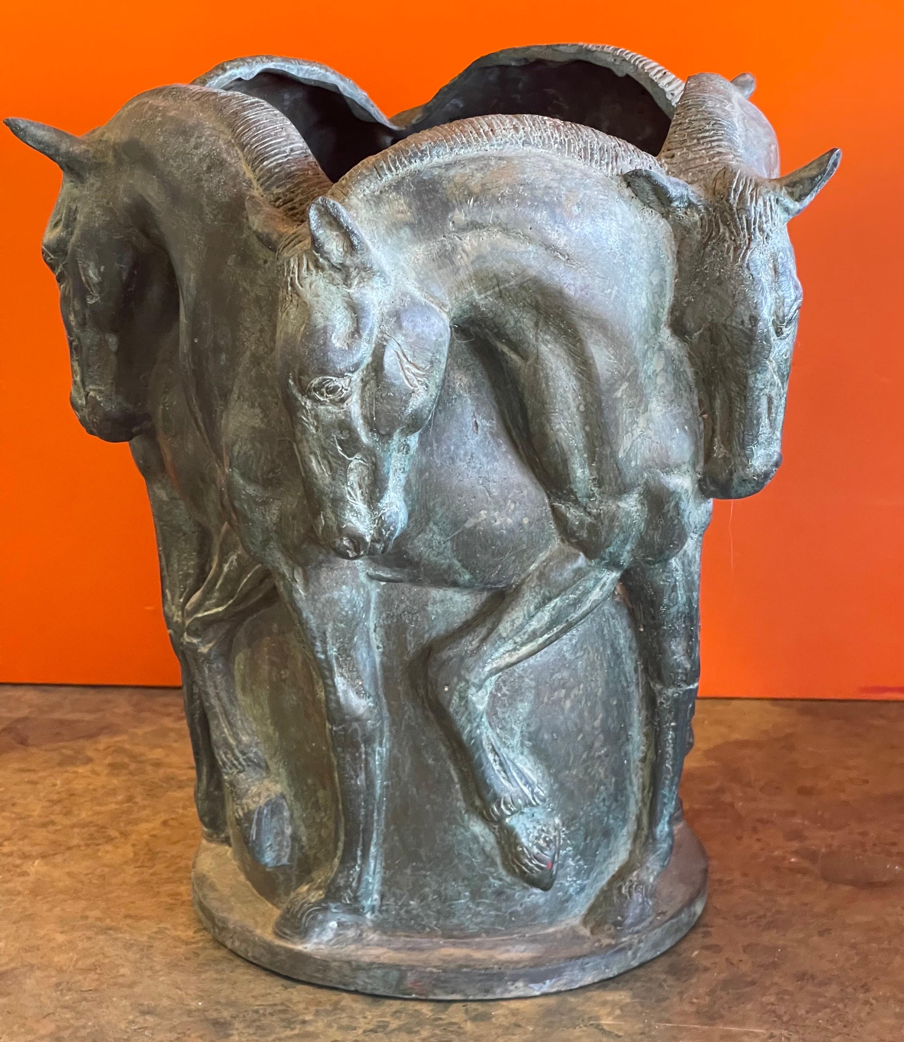 20th Century Large Patinated Bronze Horse Vase