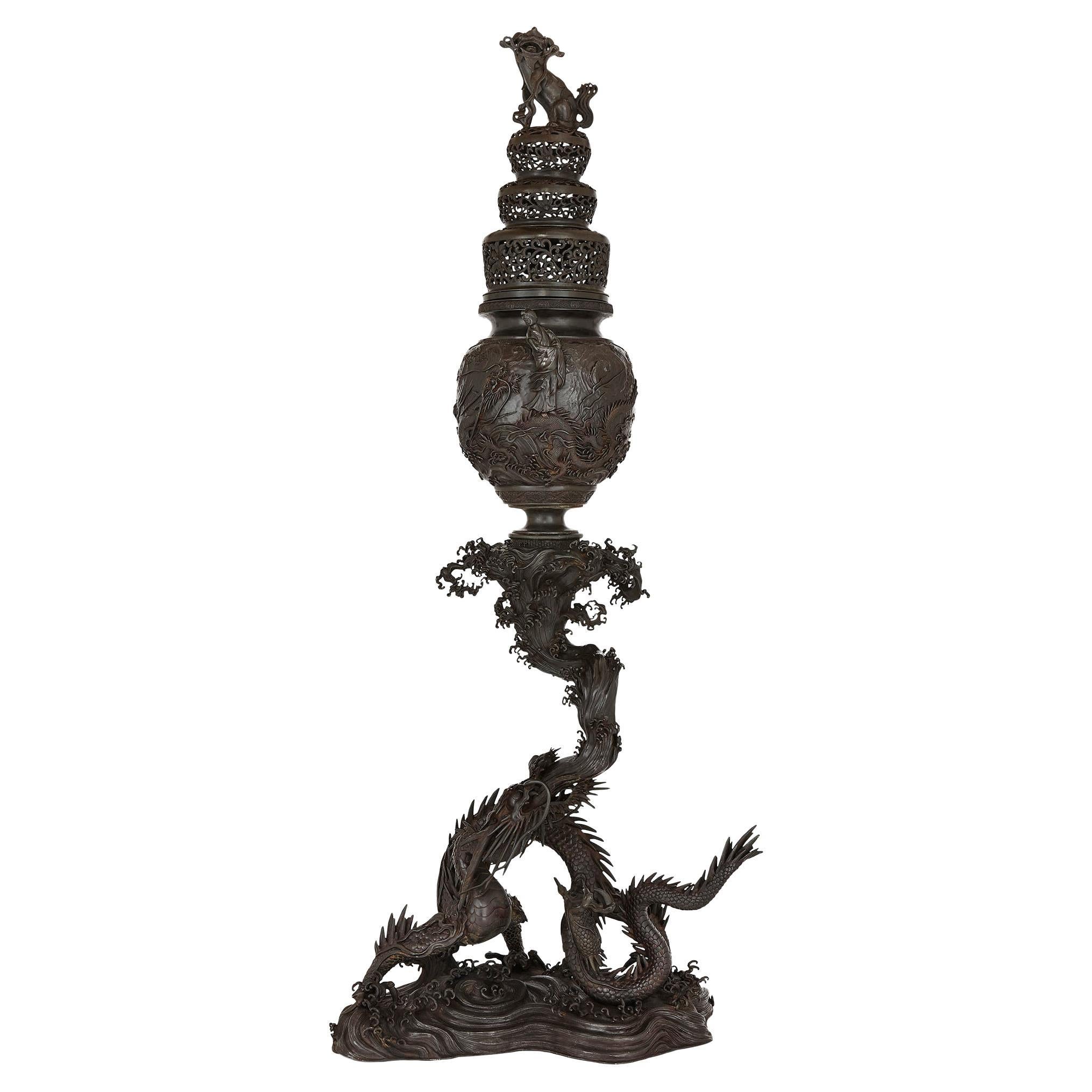 Large Patinated Bronze Japanese Koro Incense Burner For Sale