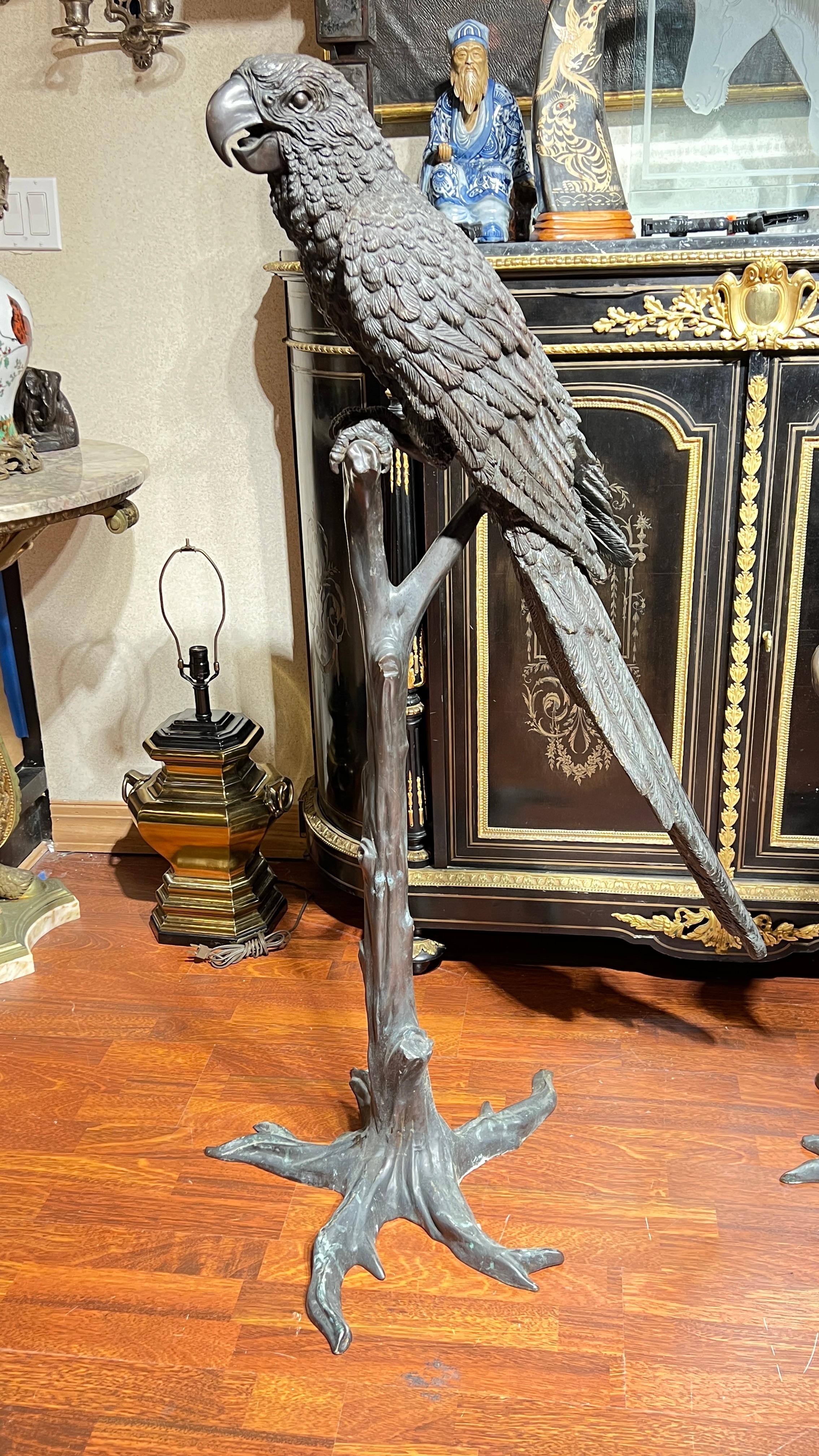 Escultura de bronce muy grande de mediados de siglo de un loro posado en la rama de un árbol, según Jules Moigniez (1835-1894), que mide 53 por 24 por 12 pulgadas.  Aparentemente sin firmar.